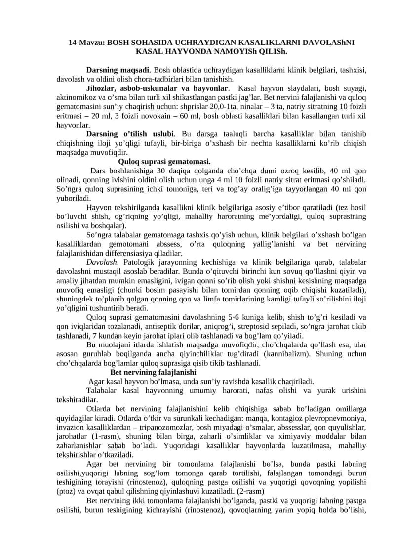 BOSH SOHASIDA UCHRAYDIGAN KASALIKLARNI DAVOLAShNI KASAL HAYVONDA NAMOYISh QILISh
