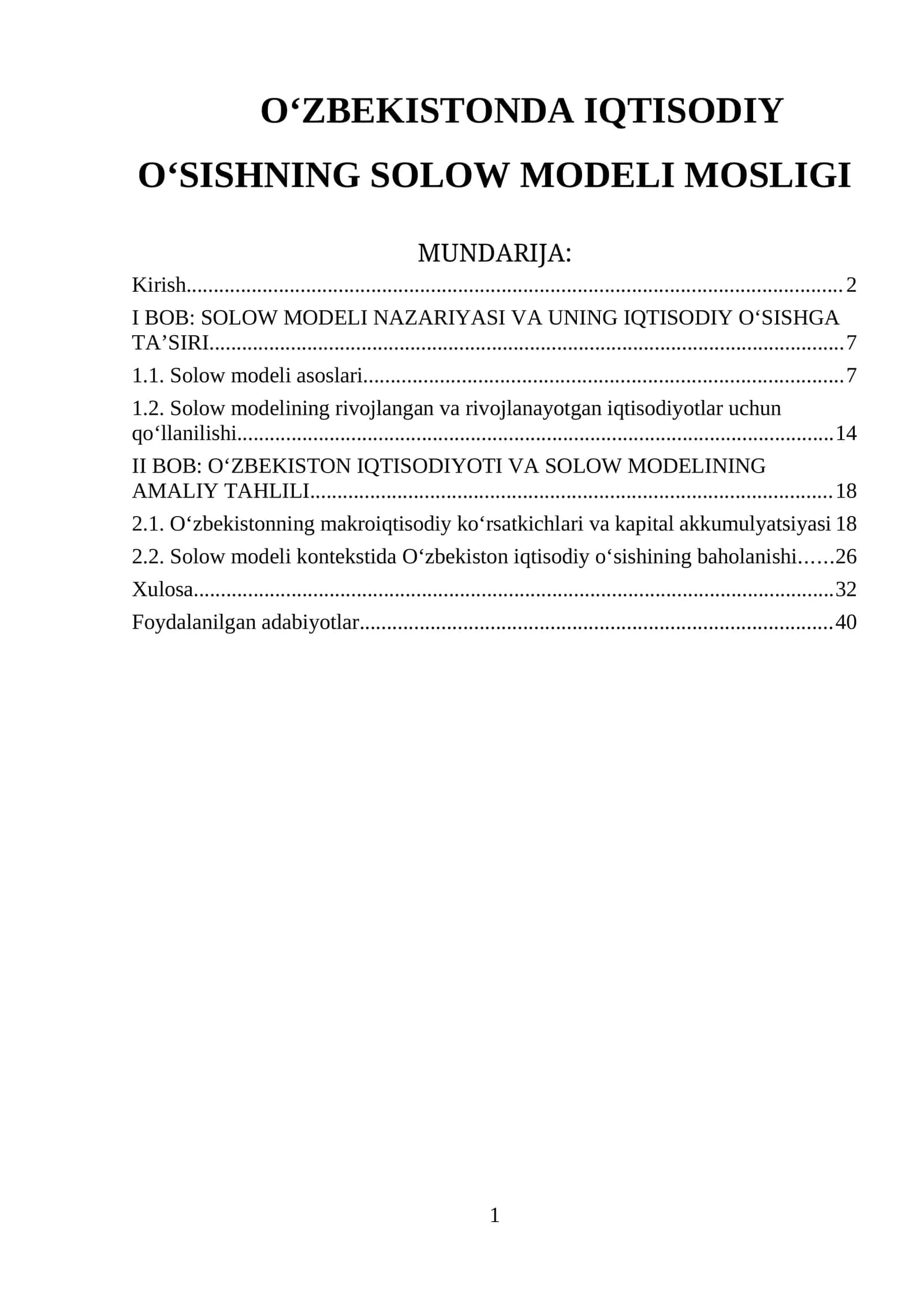 Oʻzbekistonda Iqtisodiy Oʻsishning Solow Modeli Mosligi