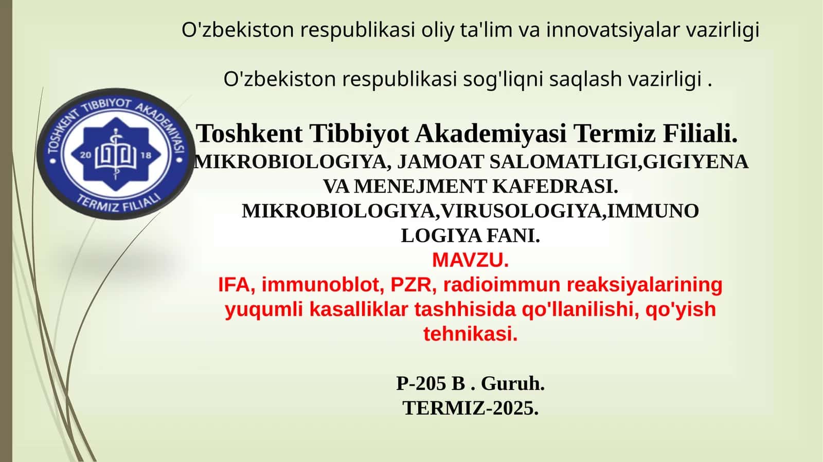 MIKROBIOLOGIYA, JAMOAT SALOMATLIGI, GIGIYENA VA MENEJMENT KAFEDRASI