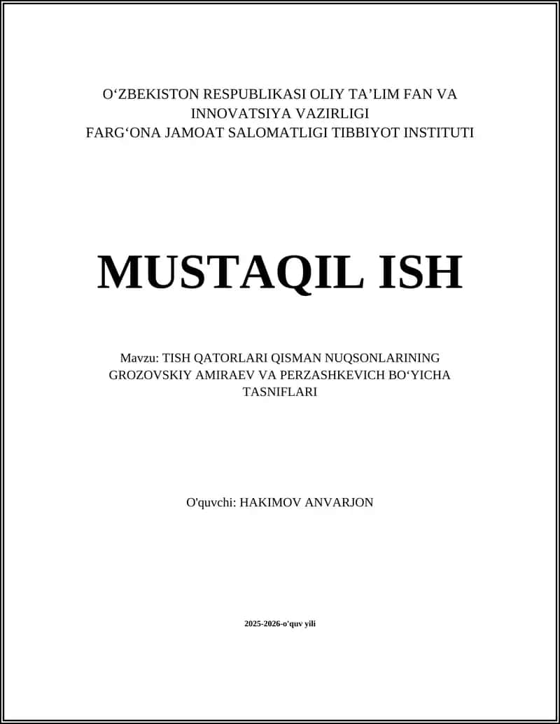 TISH QATORLARI QISMAN NUQSONLARINING GROZOVSKIY AMIRAEV VA PERZASHKEVICH BOʻYICHA TASNIFLARI
