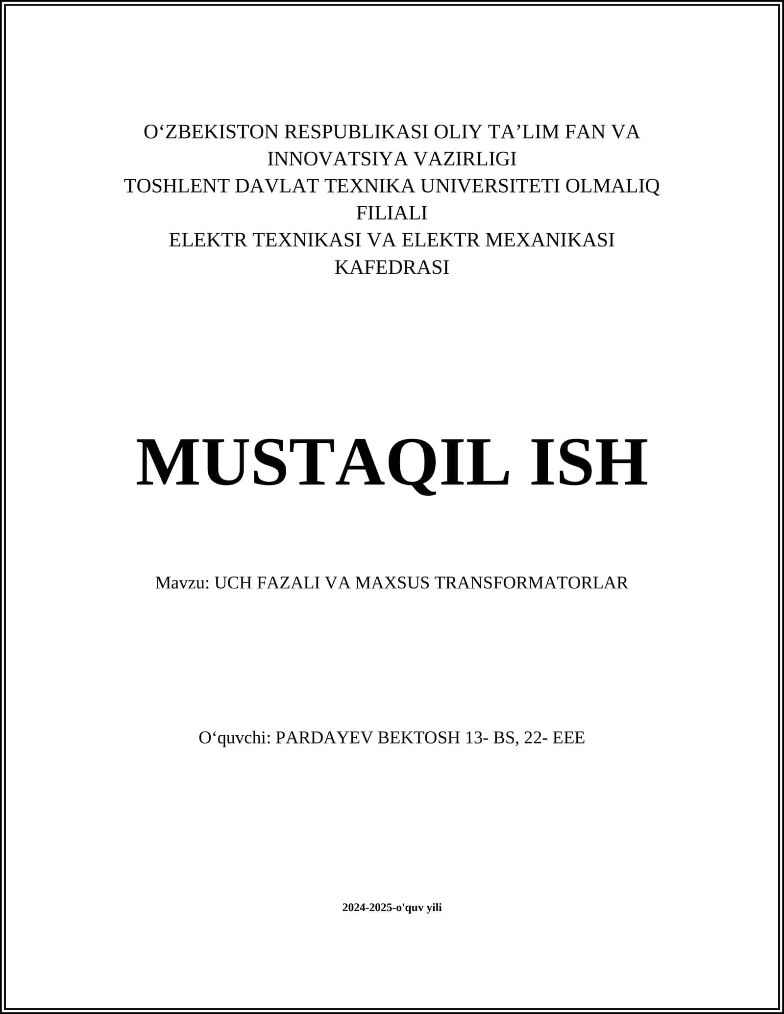 UCH FAZALI VA MAXSUS TRANSFORMATORLAR