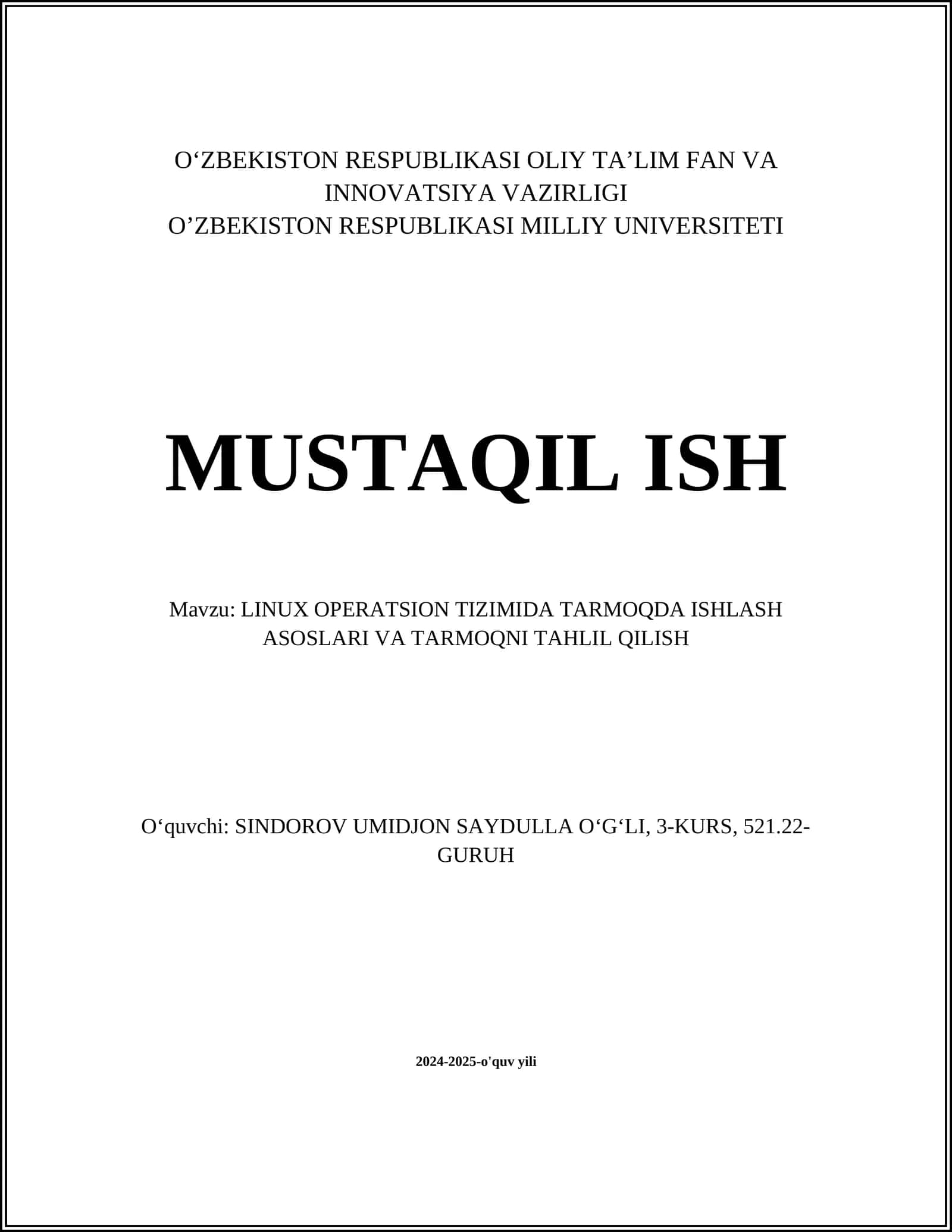 LINUX OPERATSION TIZIMIDA TARMOQDA ISHLASH ASOSLARI VA TARMOQNI TAHLIL QILISH