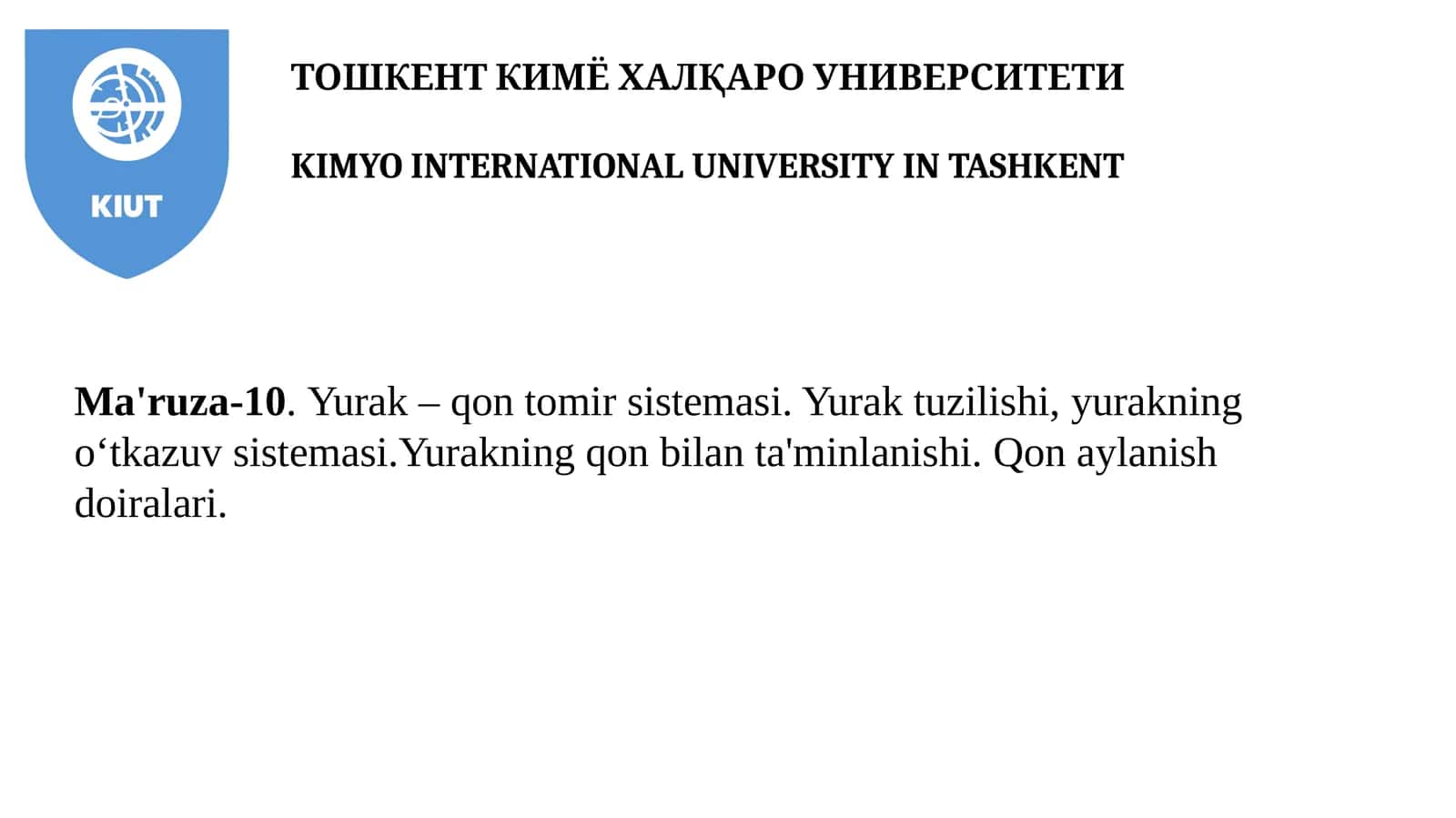 Yurak – qon tomir sistemasi. Yurak tuzilishi, yurakning oʻtkazuv sistemasi.Yurakning qon bilan ta'minlanishi. Qon aylanish doiralari