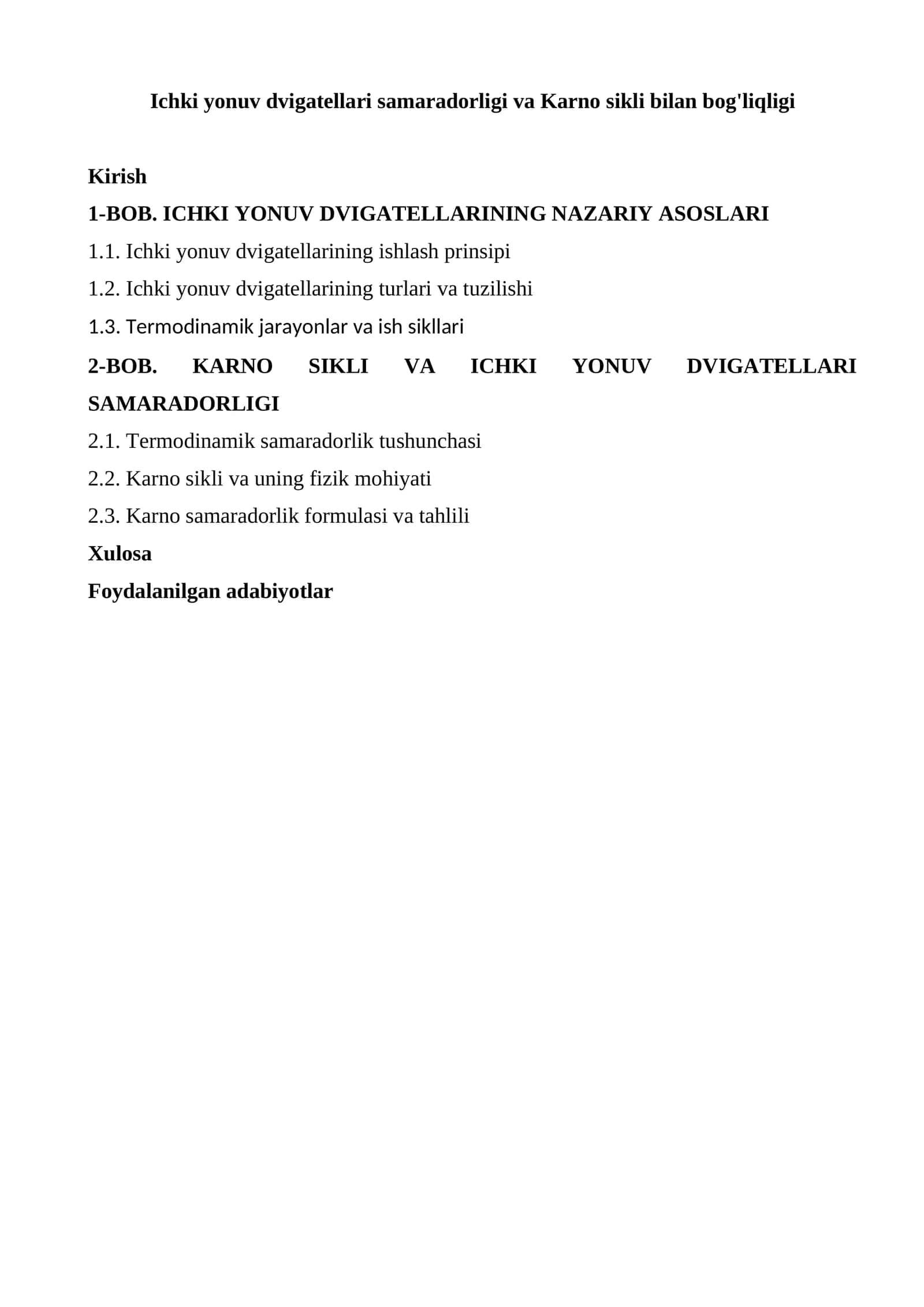 Ichki yonuv dvigatellari samaradorligi va Karno sikli bilan bog'liqligi