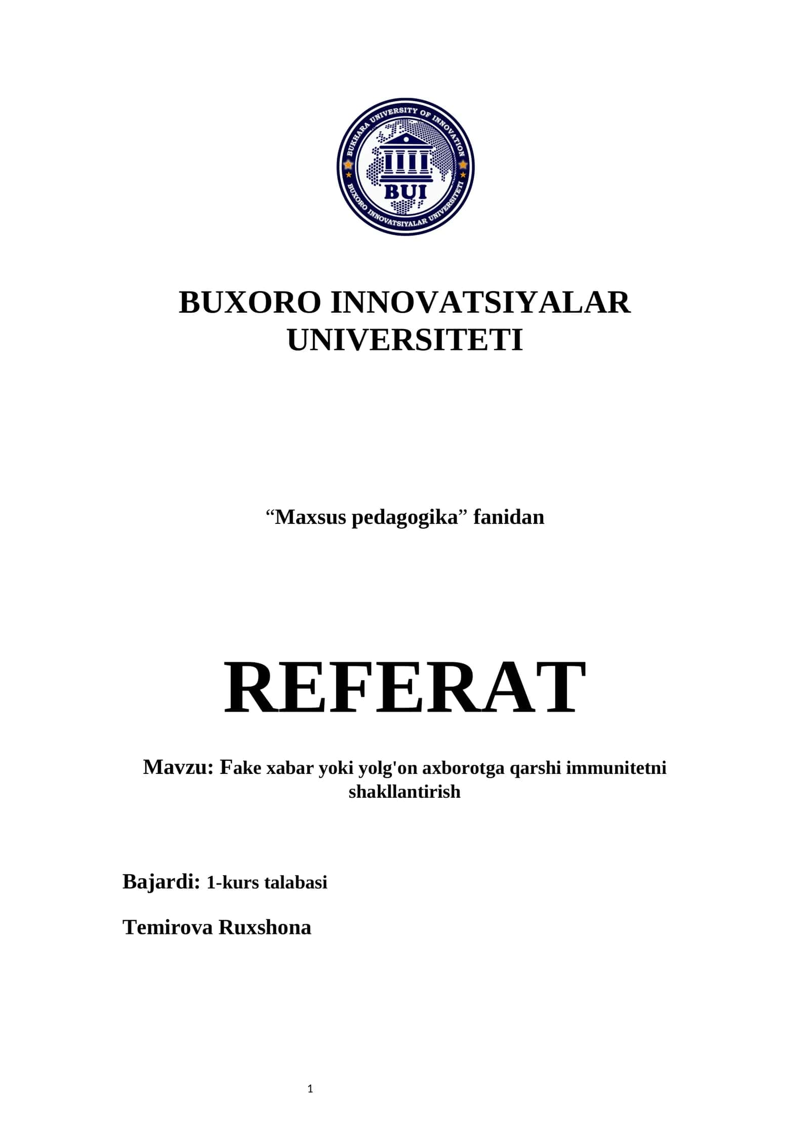 Maxsus pedagogika fanidan REFERAT
