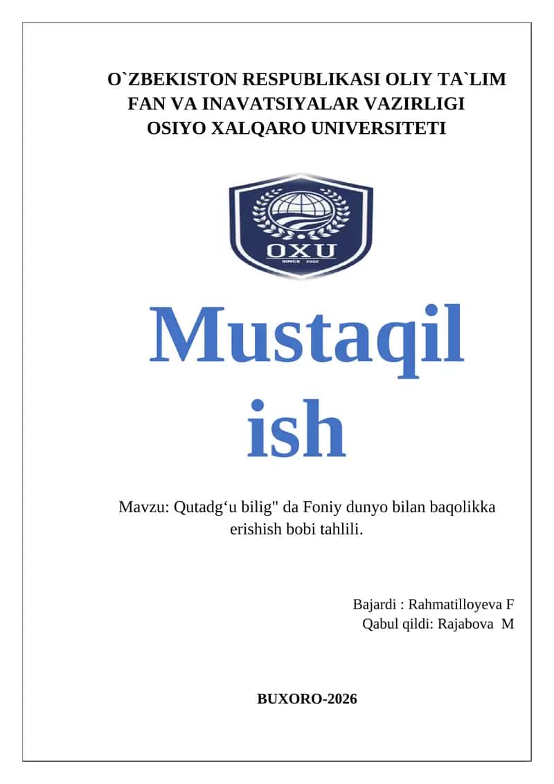 Qutadgʻu bilig" da Foniy dunyo bilan baqolikka erishish bobi tahlili