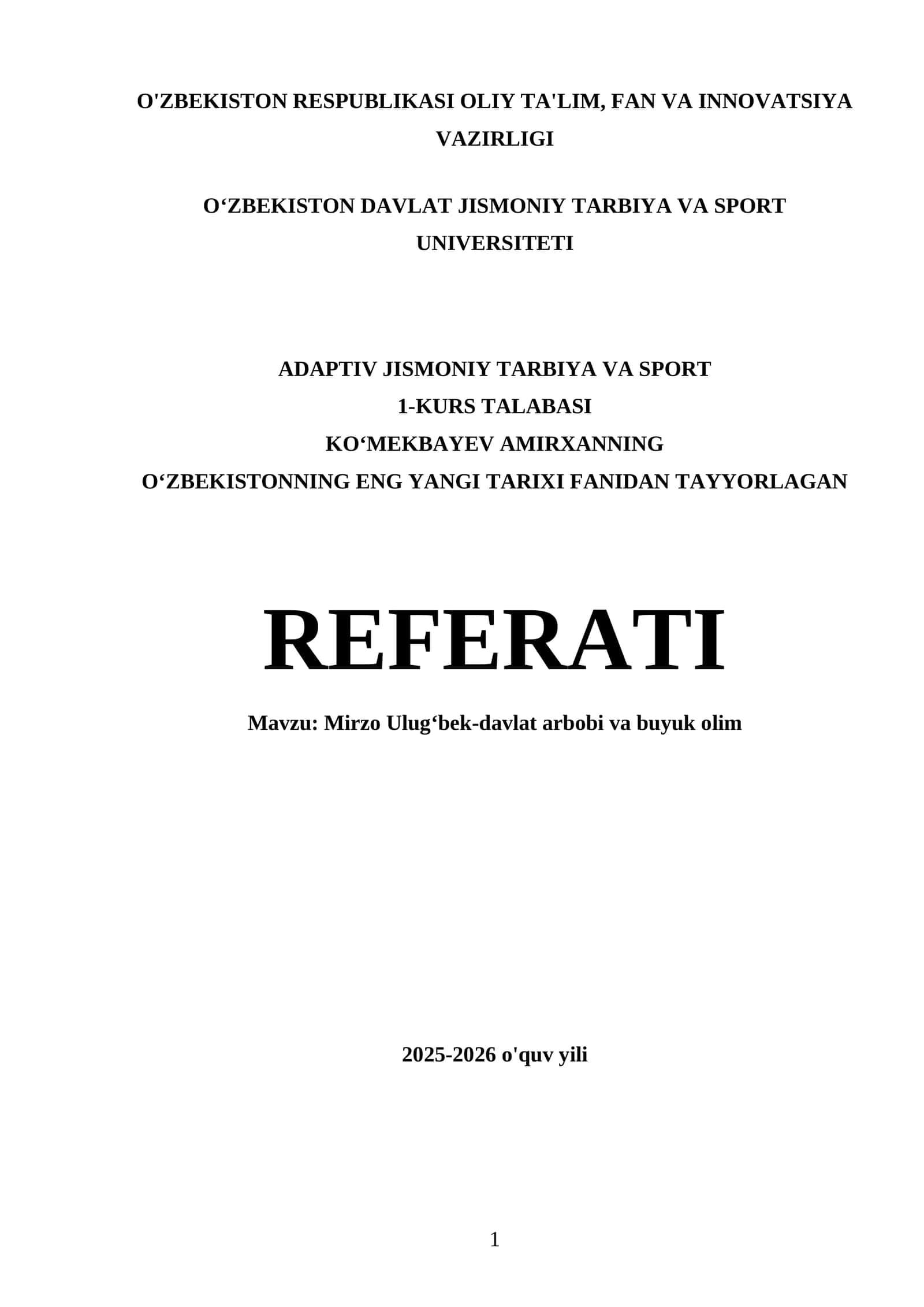 Mirzo Ulugʻbek-davlat arbobi va buyuk olim - REFERATI