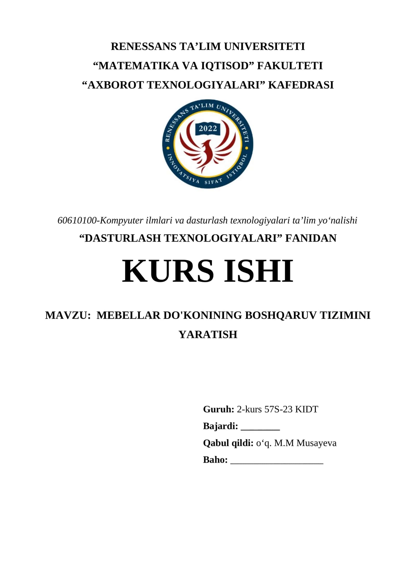 MEBELLAR DO'KONINING BOSHQARUV TIZIMINI YARATISH