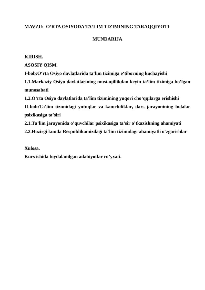 O‘RTA OSIYODA TA‘LIM TIZIMINING TARAQQIYOTI