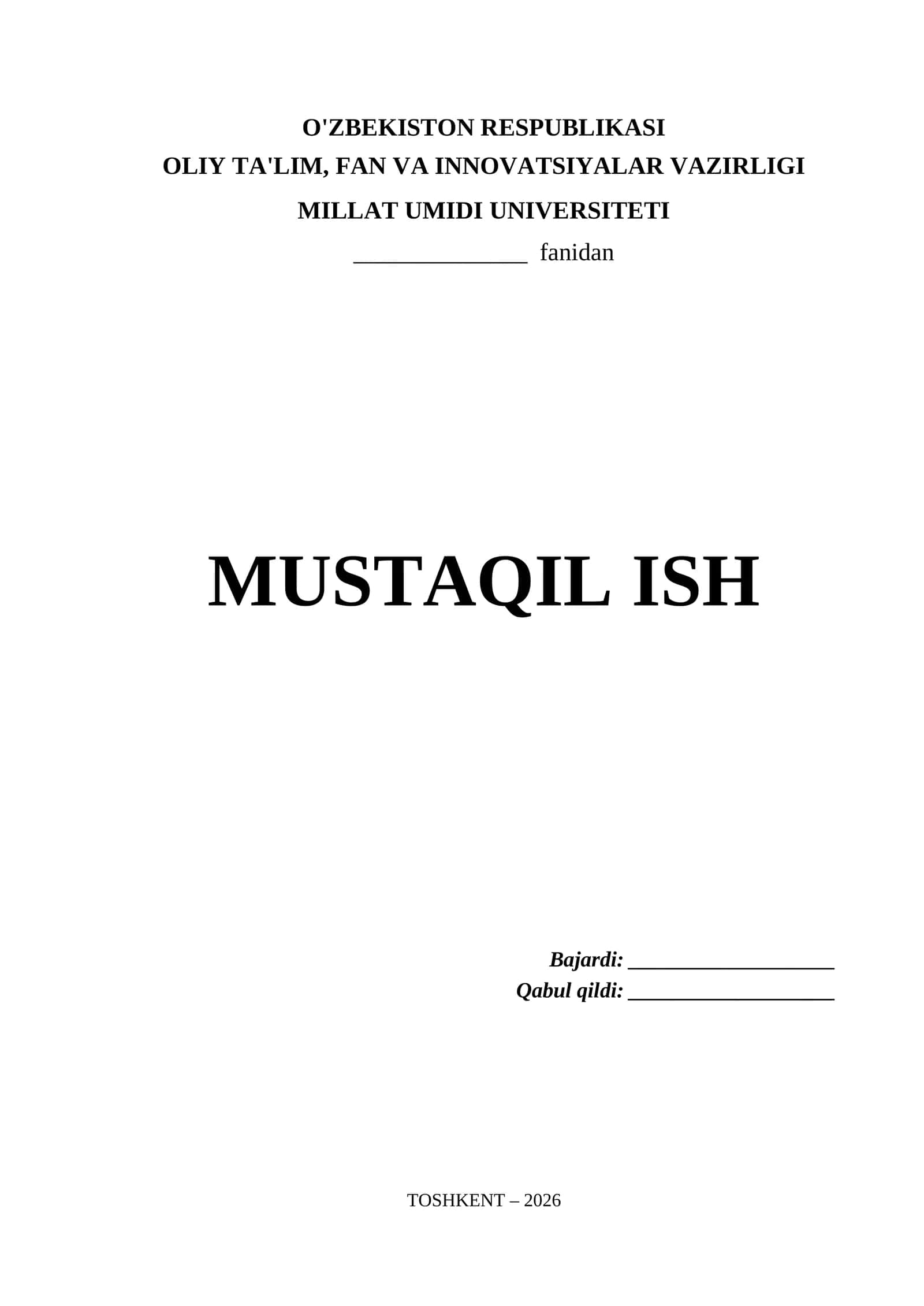 Millat Umidi Universiteti Mustaqil Ish Titul Varaq (.docx)