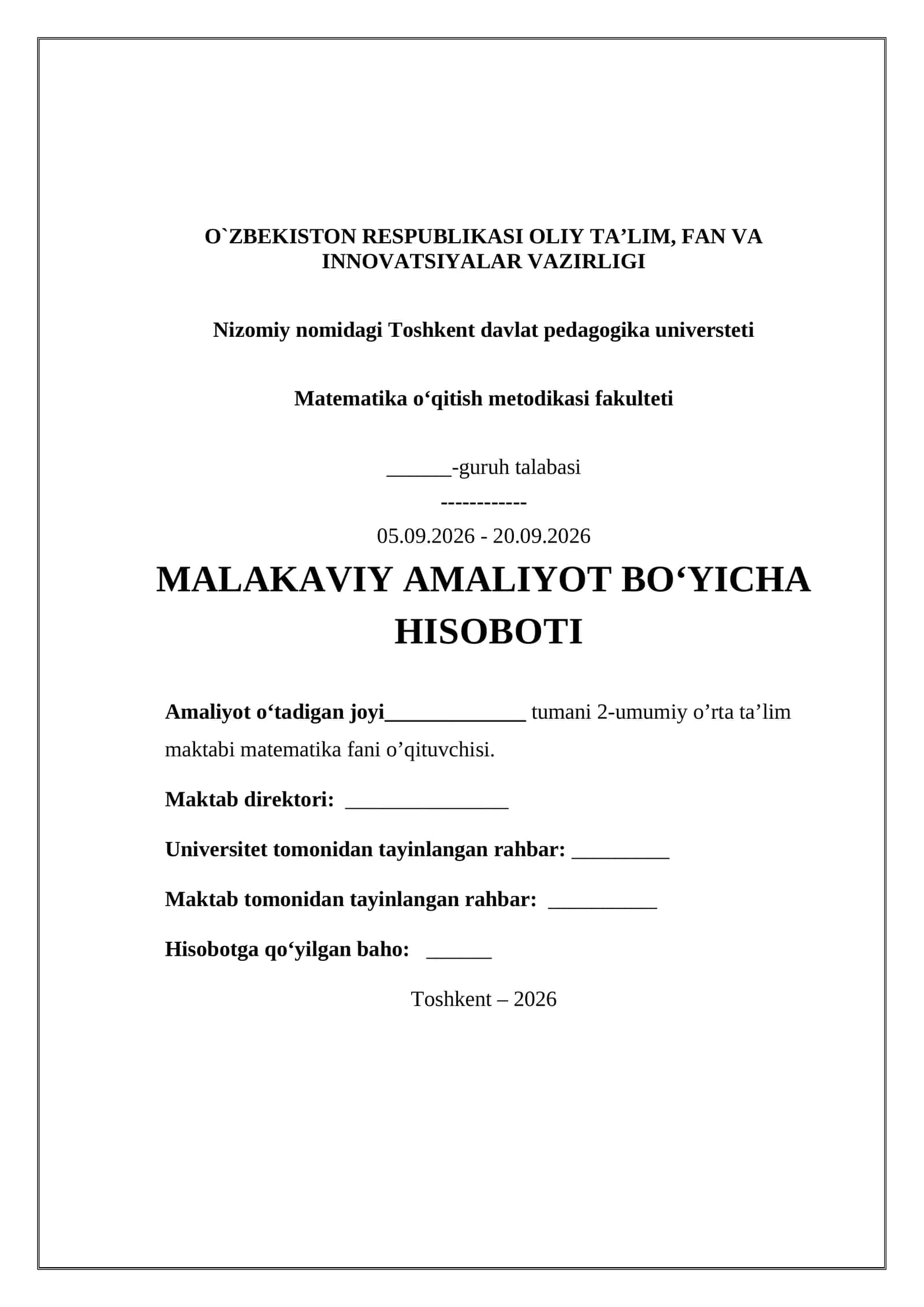 MALAKAVIY AMALIYOT BO‘YICHA HISOBOTI