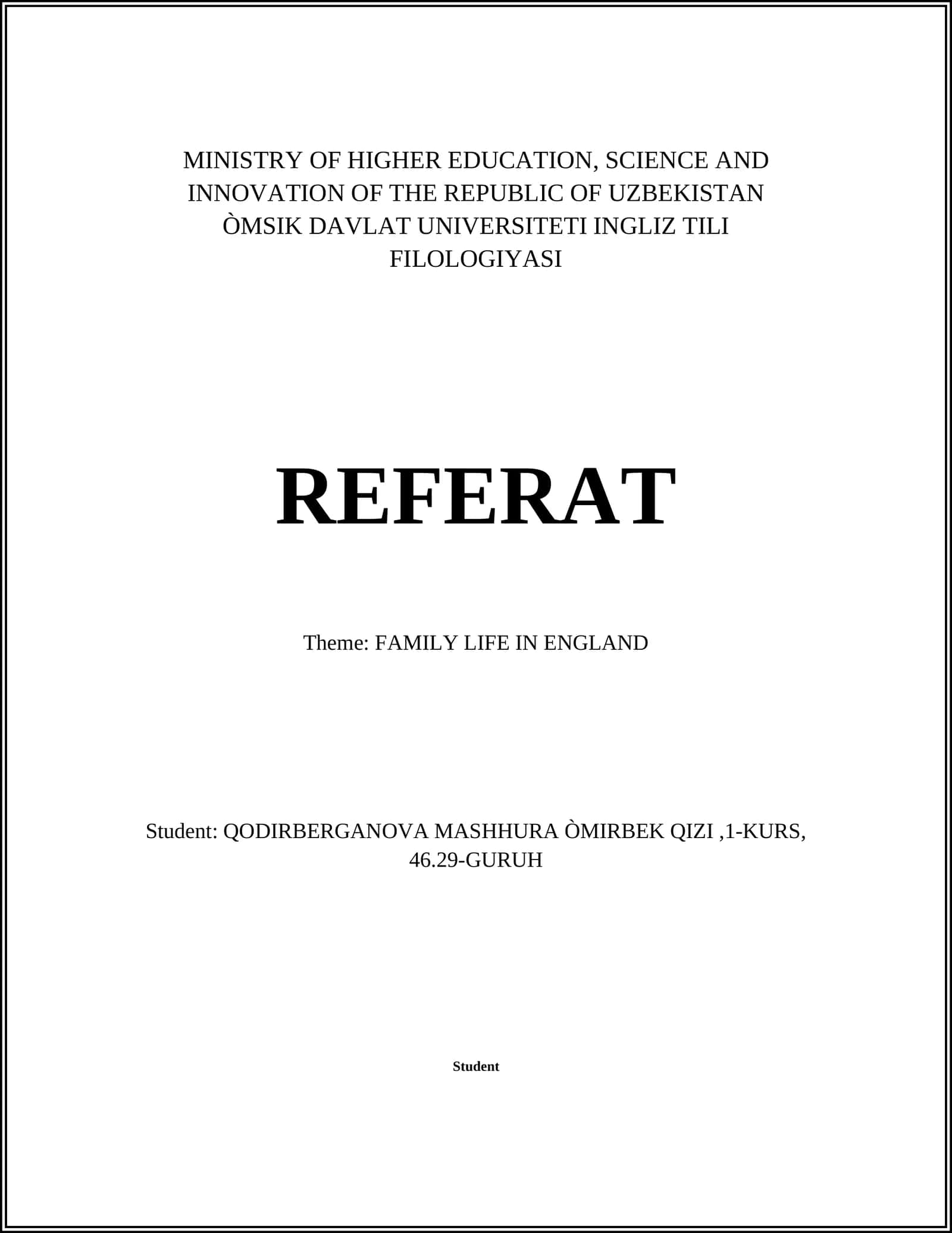 REFERAT: FAMILY LIFE IN ENGLAND