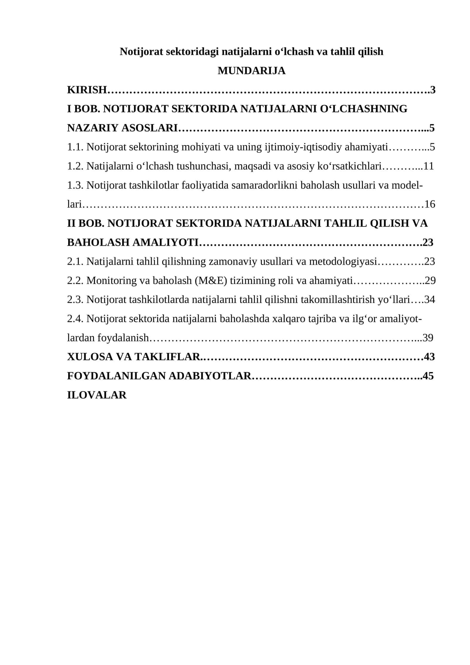 Notijorat sektoridagi natijalarni o‘lchash va tahlil qilish