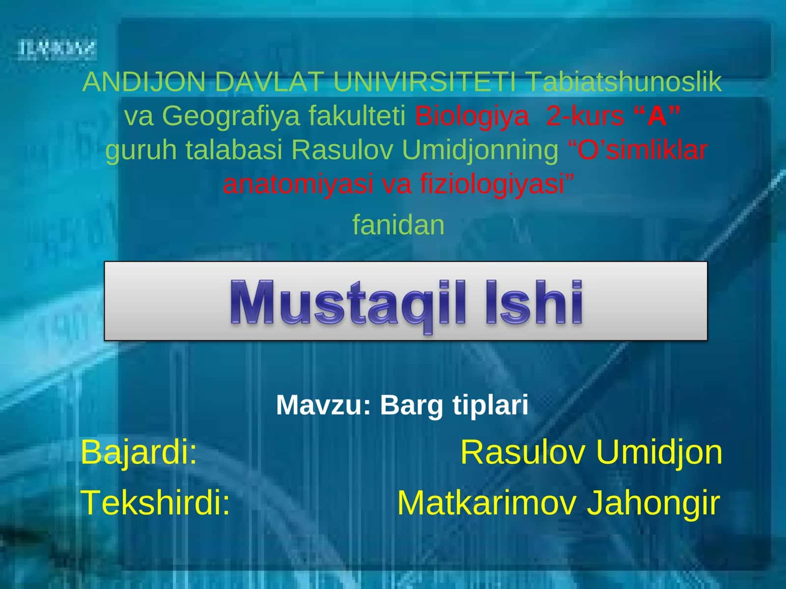 O’simliklar anatomiyasi va fiziologiyasi