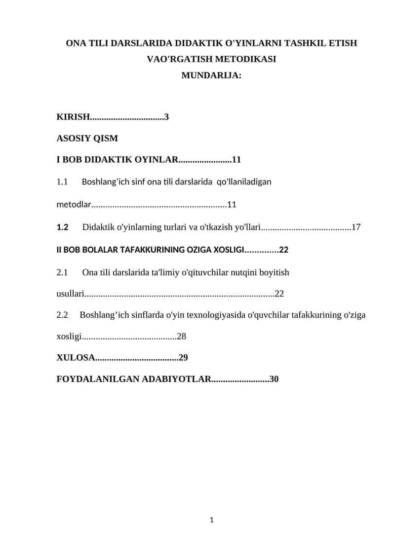 ONA TILI DARSLARIDA DIDAKTIK O'YINLARNI TASHKIL ETISH VAO'RGATISH METODIKASI
