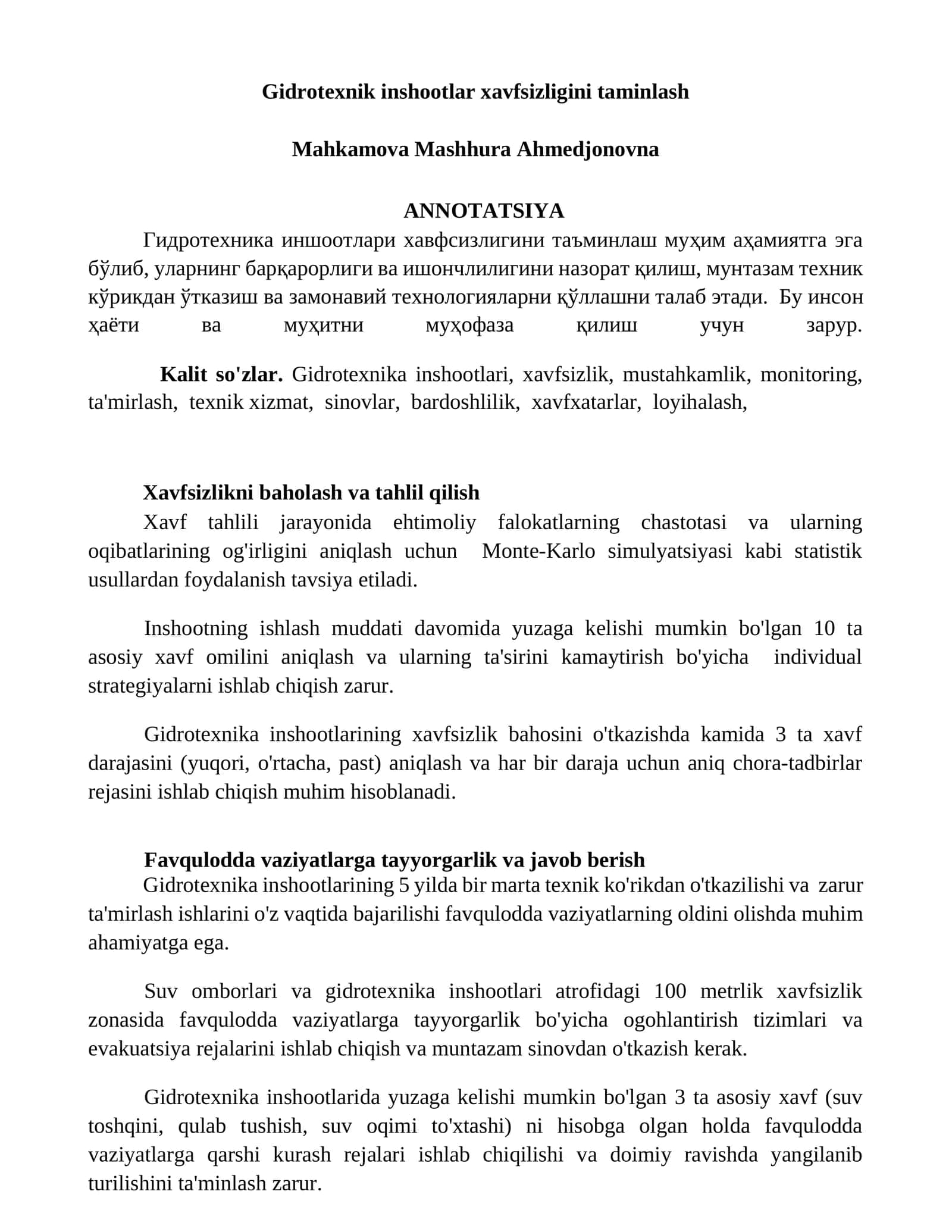 Gidrotexnik inshootlar xavfsizligini taminlash