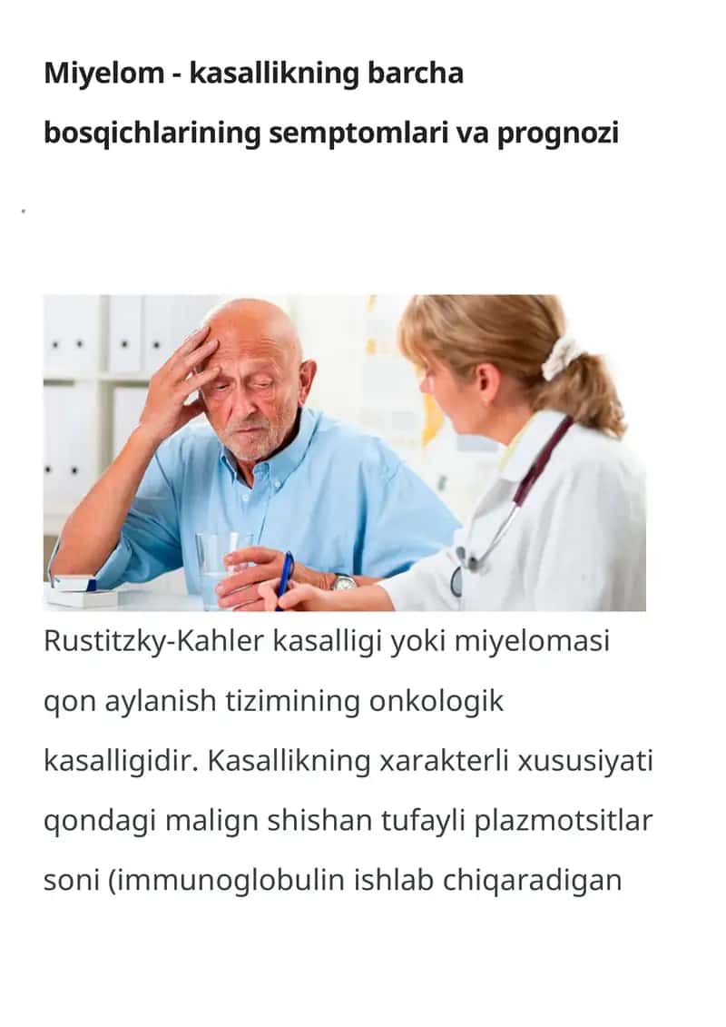 Miyelom - kasallikning barcha bosqichlarining semptomlari va prognozi
