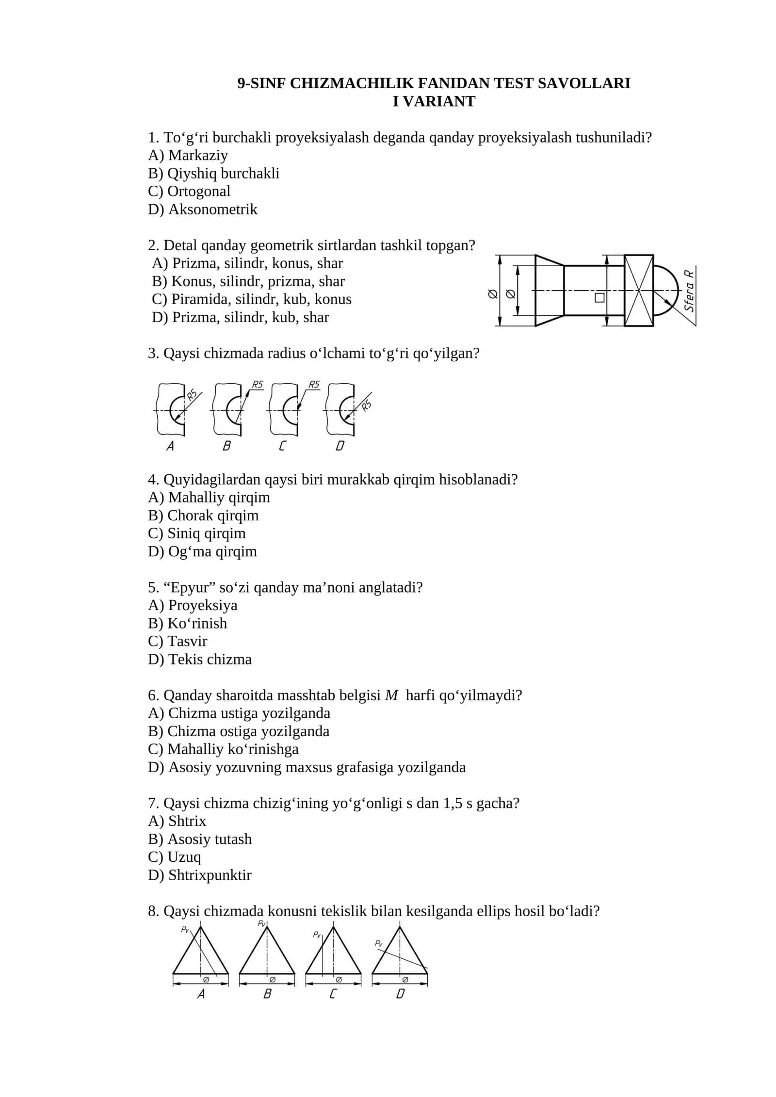 9-SINF CHIZMACHILIK FANIDAN TEST SAVOLLARI