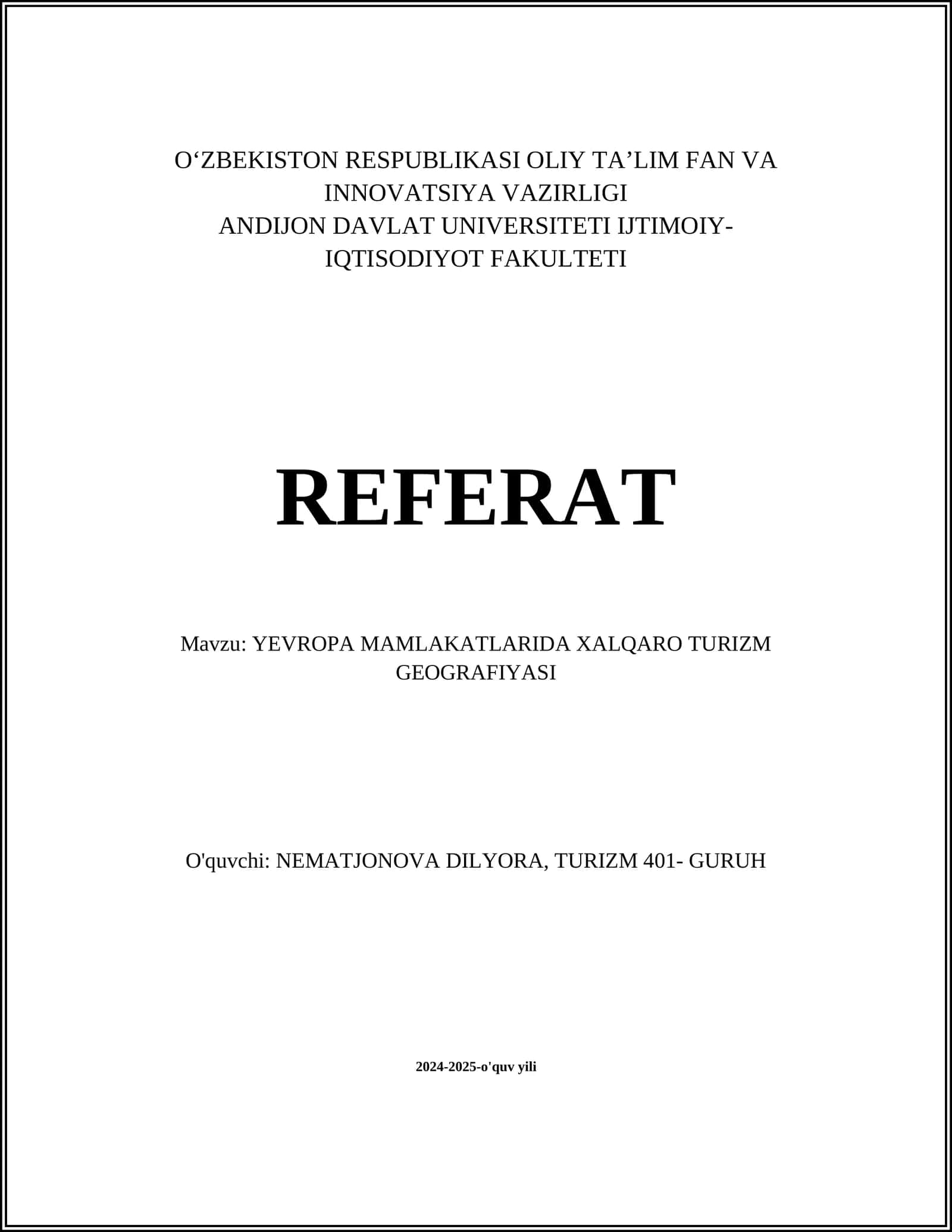 YEVROPA MAMLAKATLARIDA XALQARO TURIZM GEOGRAFIYASI