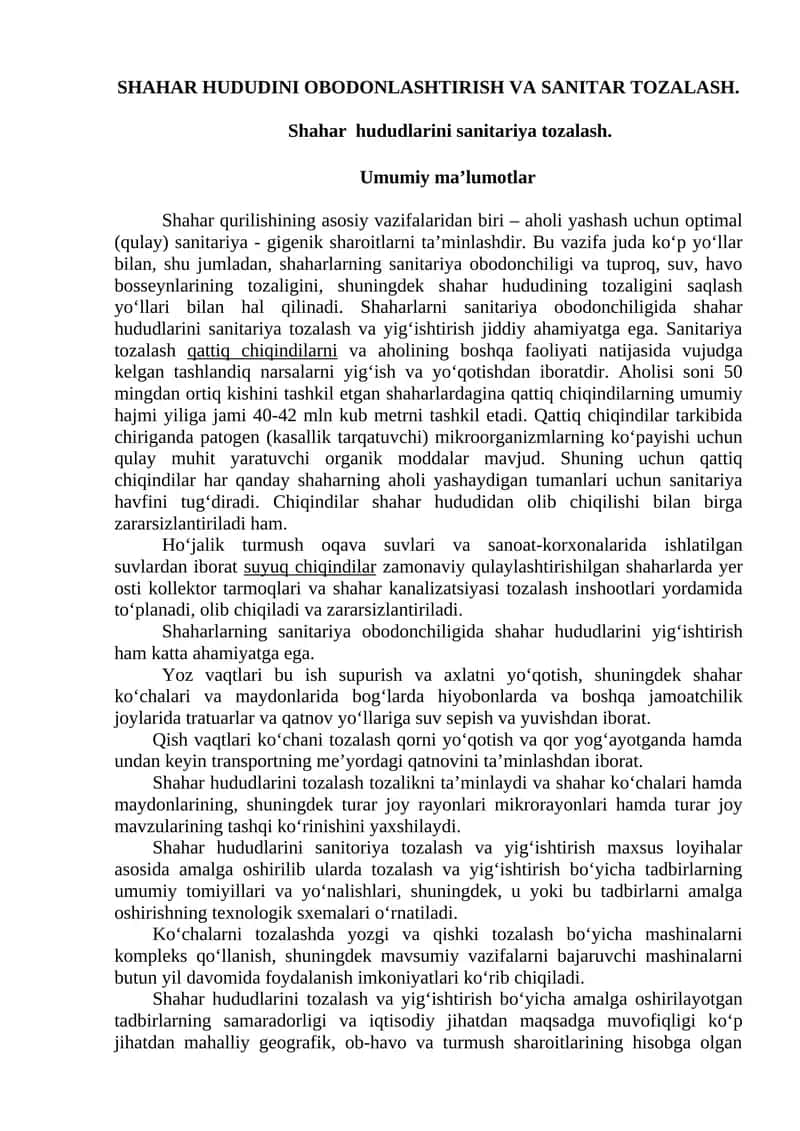 Shahar hududini obodlashtirish va sanitariya tozalash