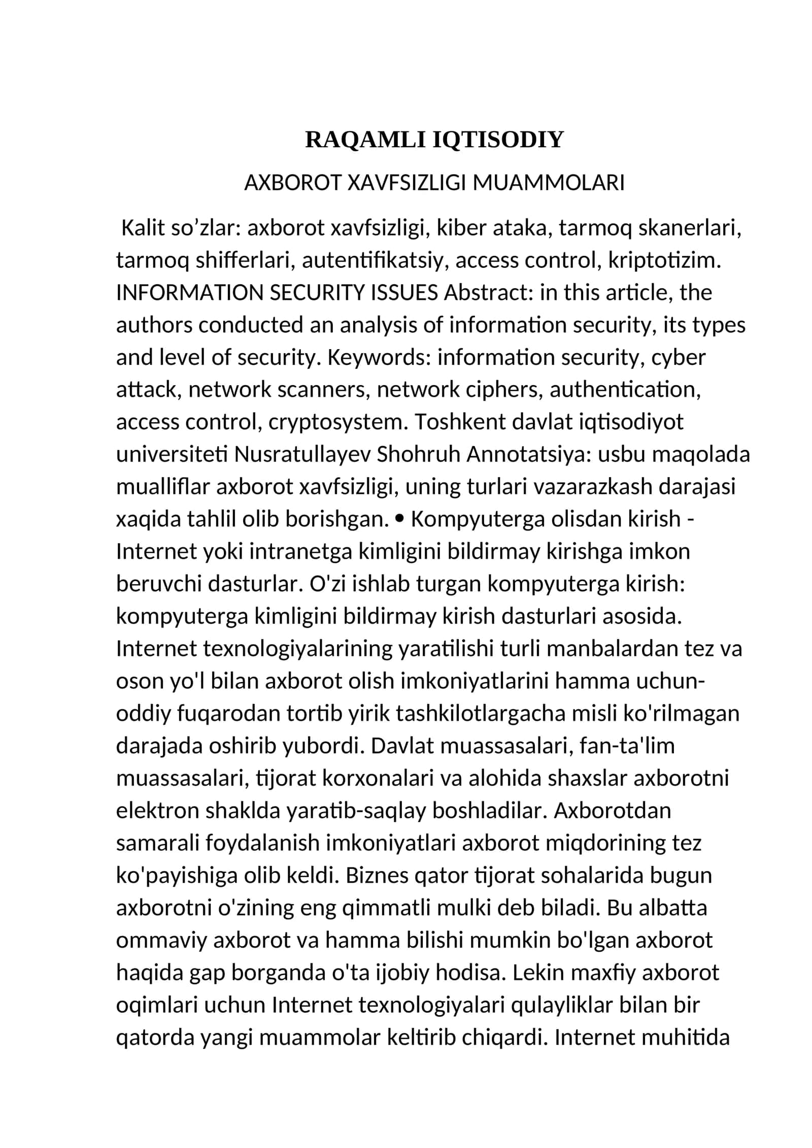 RAQAMLI IQTISODIY AXBOROT XAVFSIZLIGI MUAMMOLARI