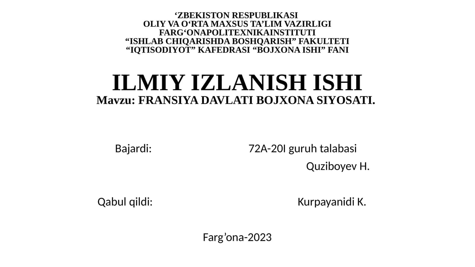 FRANSIYA DAVLATI BOJXONA SIYOSATI