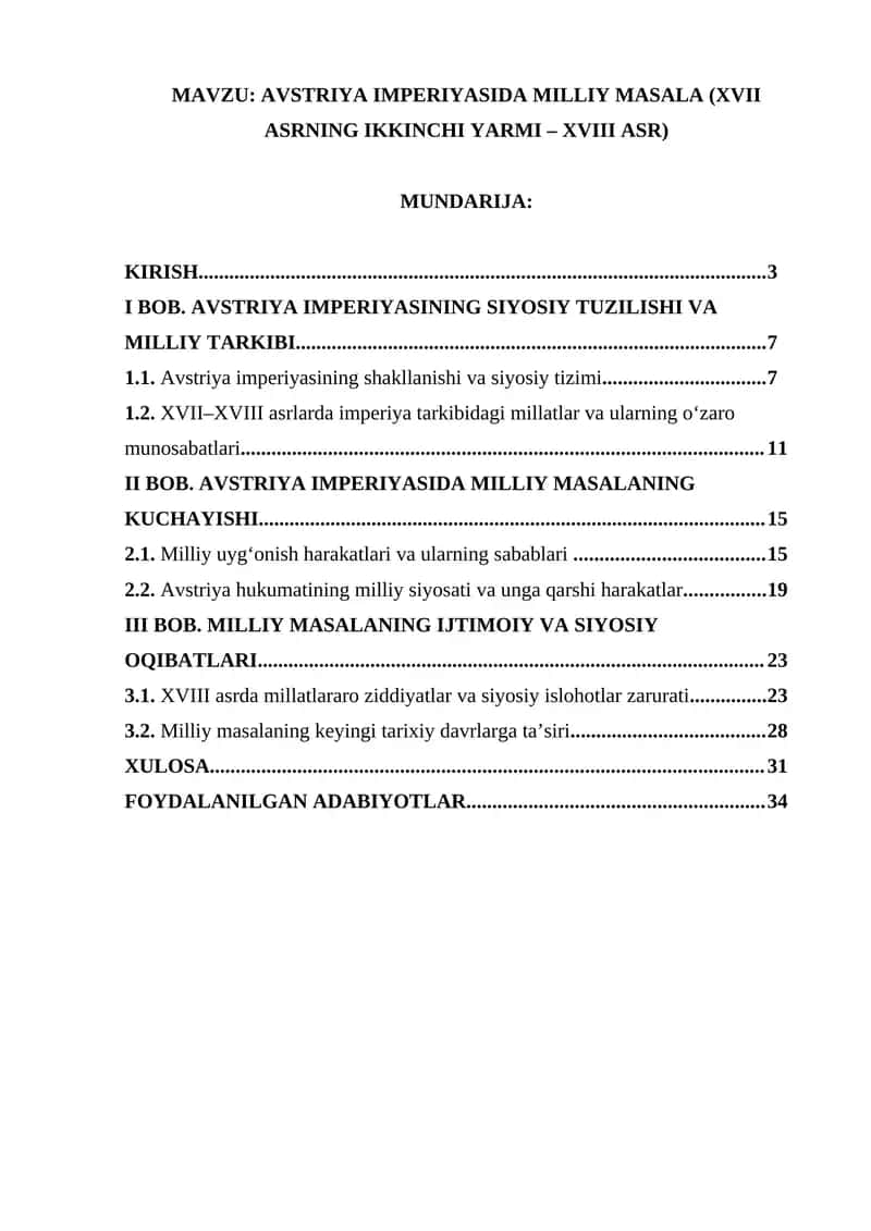 AVSTRIYA IMPERIYASIDA MILLIY MASALA (XVII ASRNING IKKINCHI YARMI – XVIII ASR)