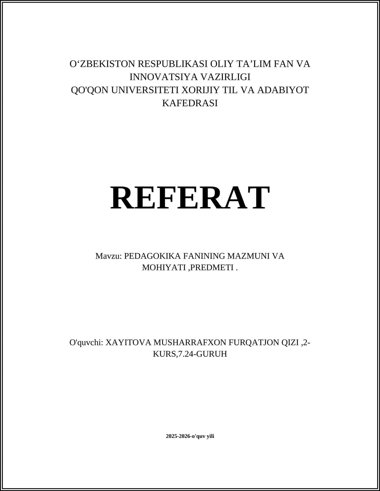 PEDAGOKIKA FANINING MAZMUNI VA MOHIYATI,PREDMETI