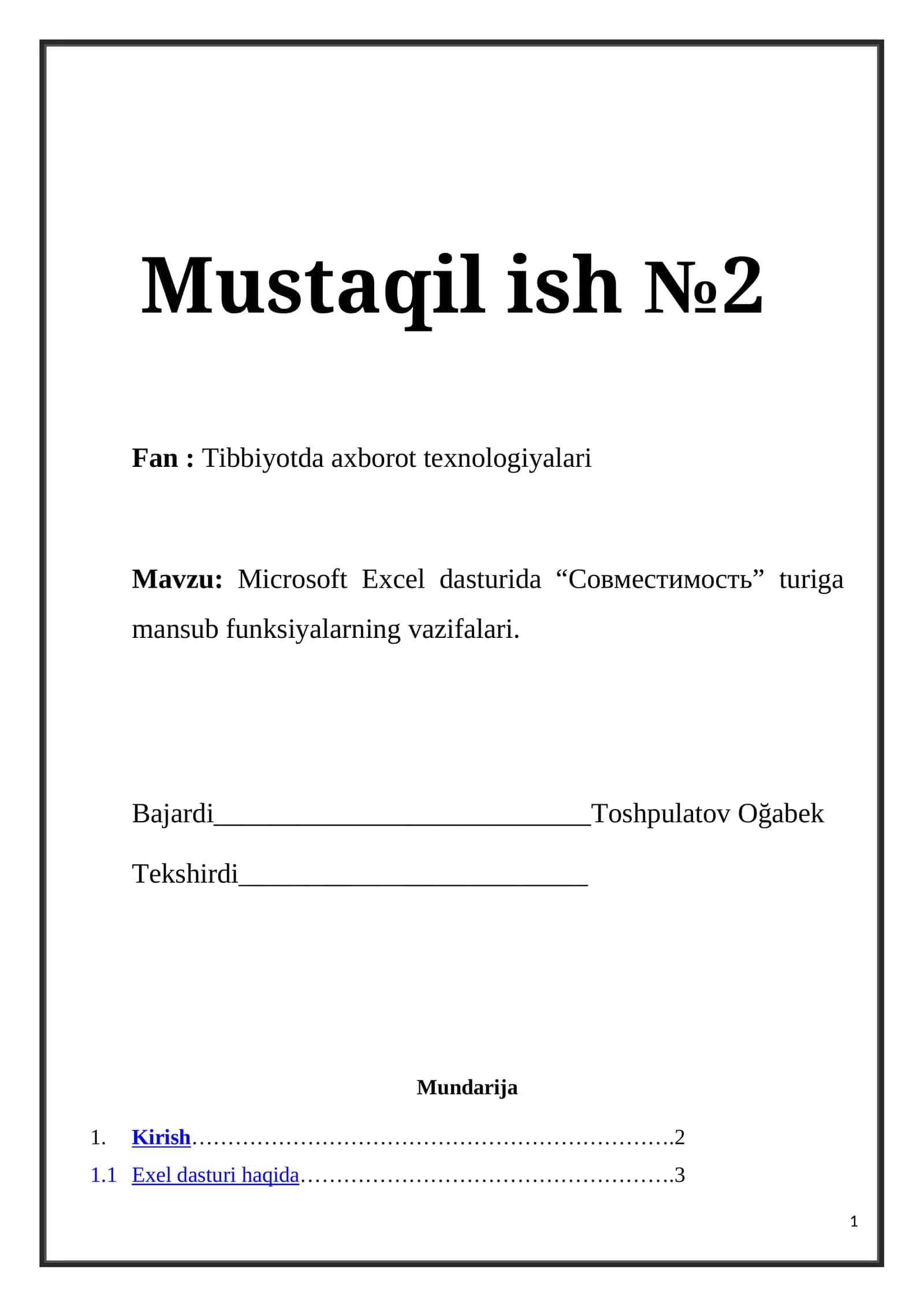Microsoft Excel dasturida “Совместимость” turiga mansub funksiyalarning vazifalari.