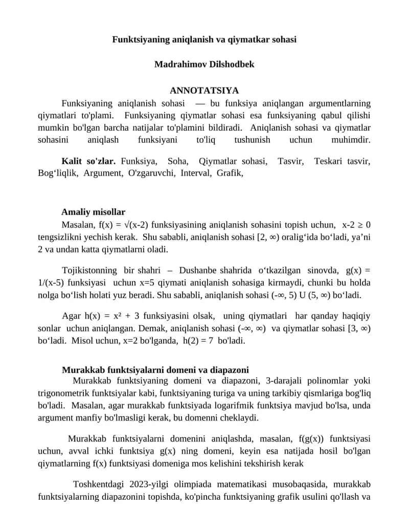 Funktsiyaning aniqlanish va qiymatkar sohasi