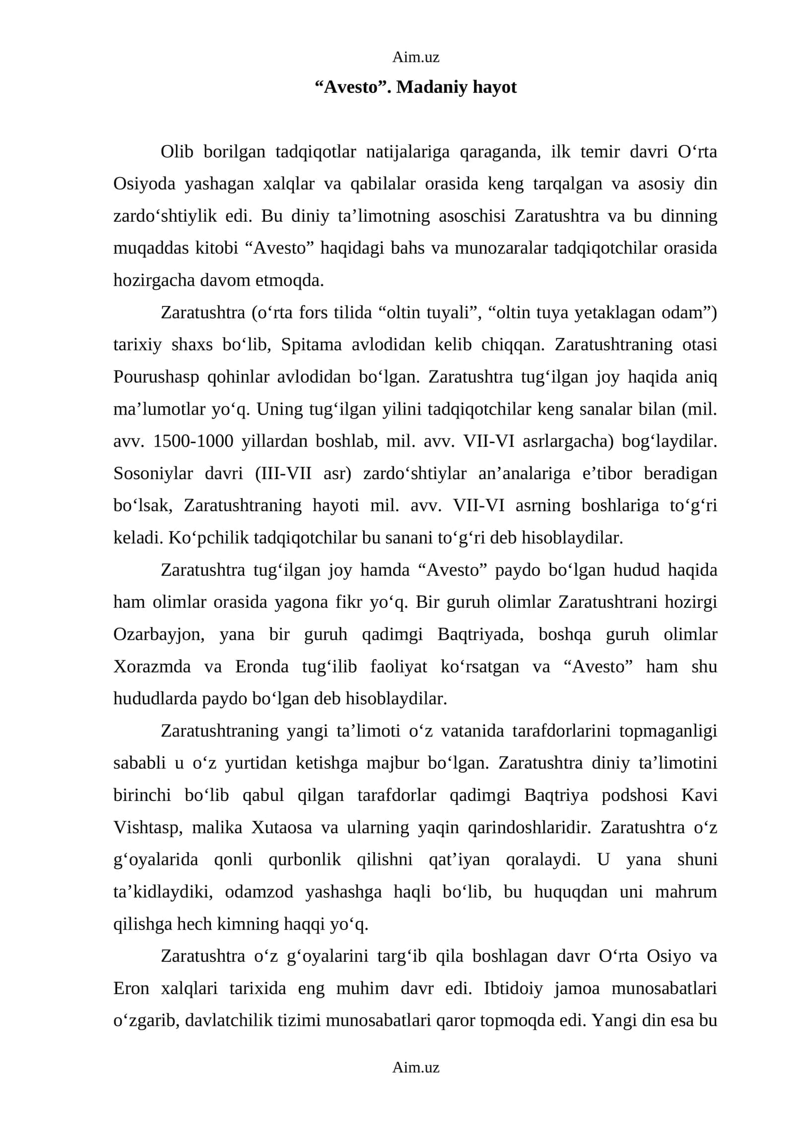 "Avesto". Madaniy hayot