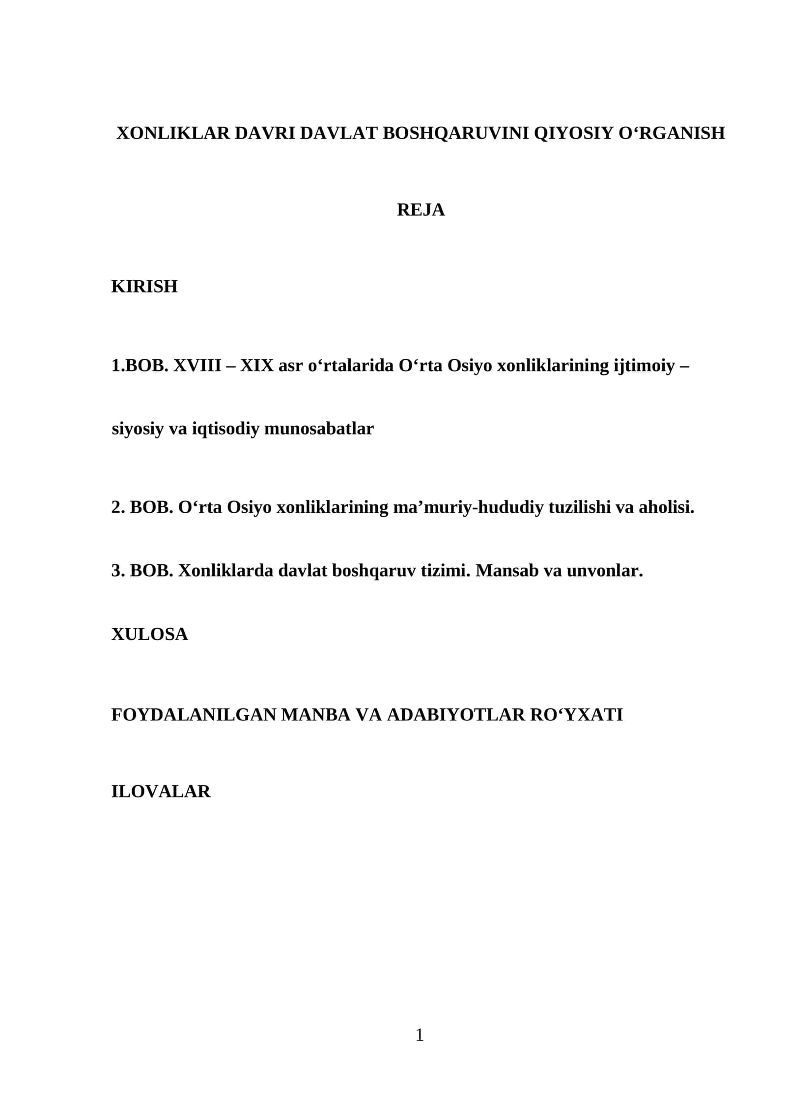 XONLIKLAR DAVRI DAVLAT BOSHQARUVINI QIYOSIY OʻRGANISH