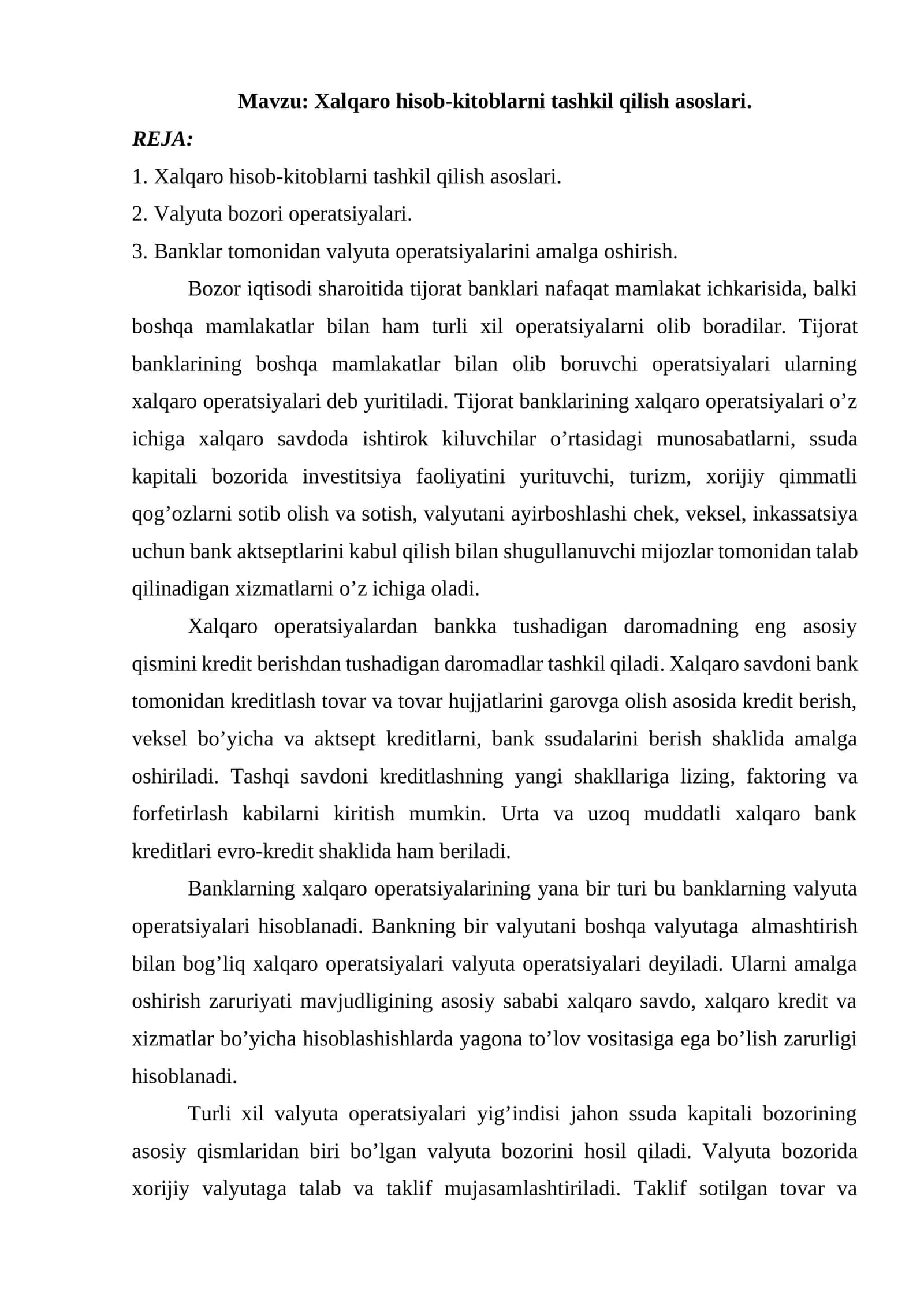 Xalqaro hisob-kitoblarni tashkil qilish asoslari
