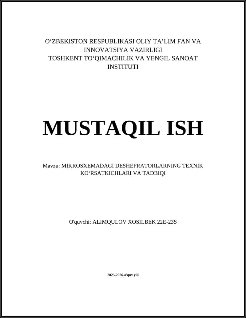 MIKROSXEMADAGI DESHEFRATORLARNING TEXNIK KOʻRSATKICHLARI VA TADBIQI