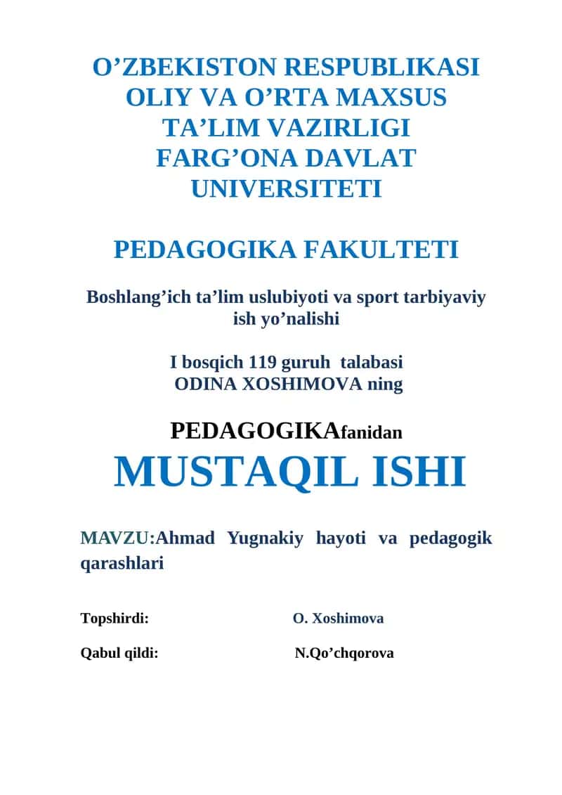 Ahmad Yugnakiy hayoti va pedagogik qarashlari