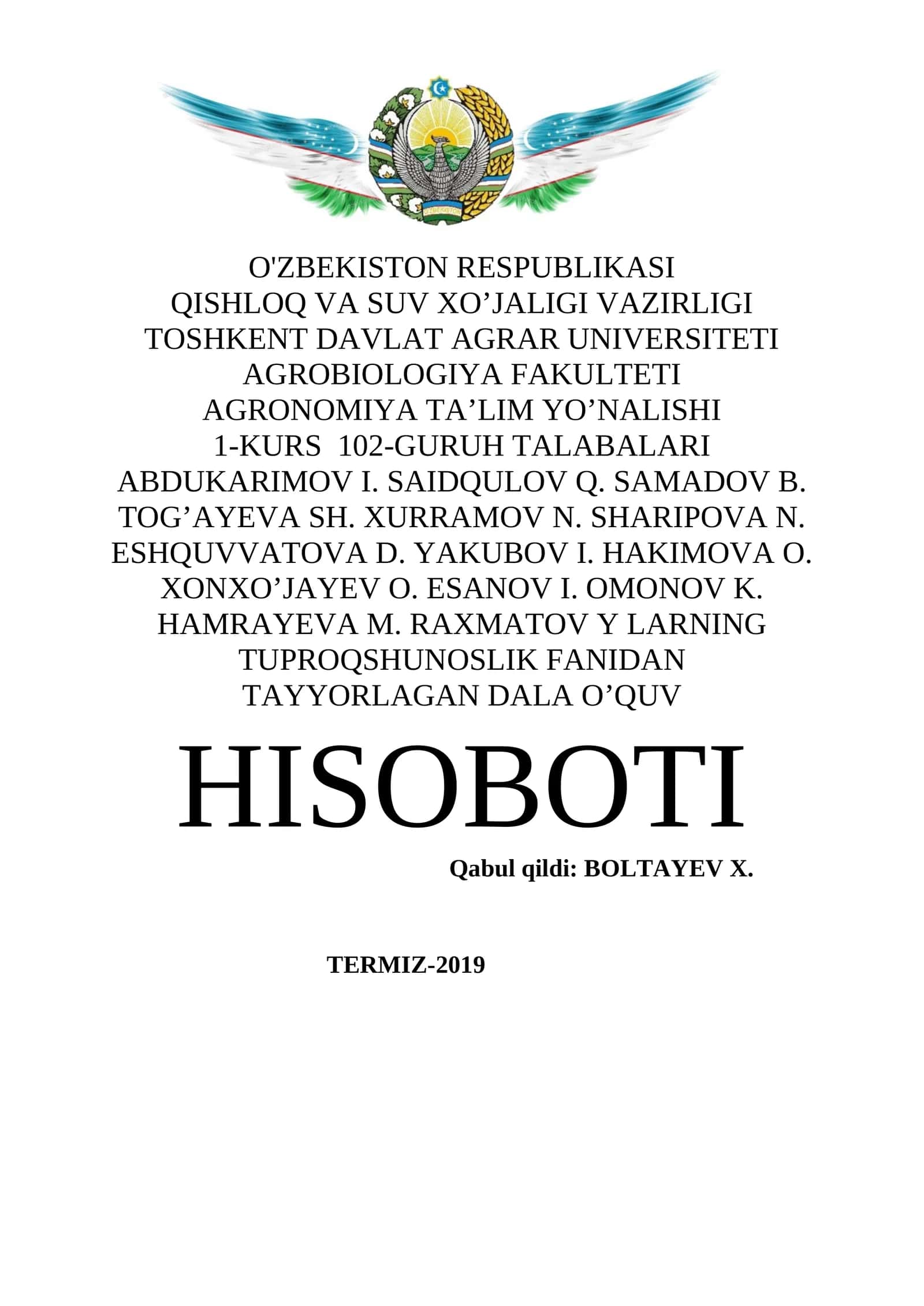 TUPROQSHUNOSLIK FANIDAN TAYYORLAGAN DALA O’QUV HISOBOTI