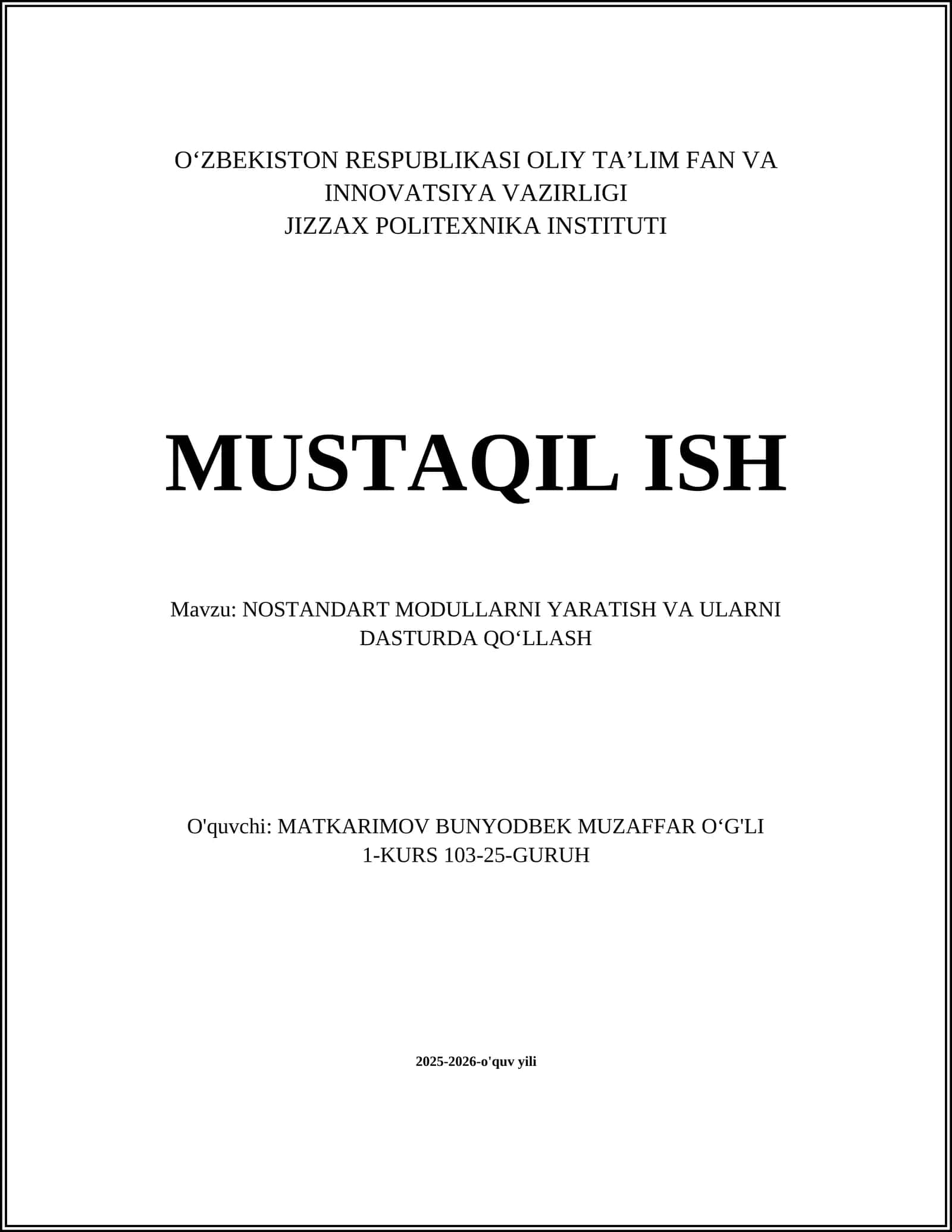NOSTANDART MODULLARNI YARATISH VA ULARNI DASTURDA QO‘LLASH
