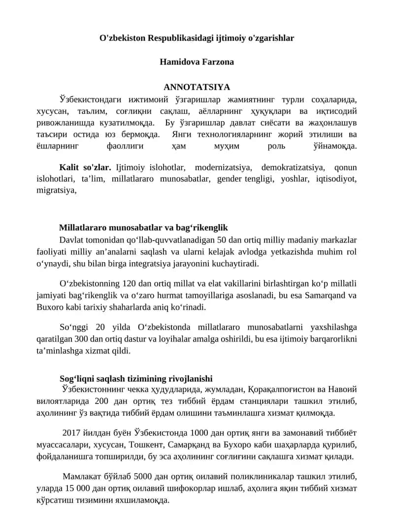 O'zbekiston Respublikasidagi ijtimoiy o'zgarishlar