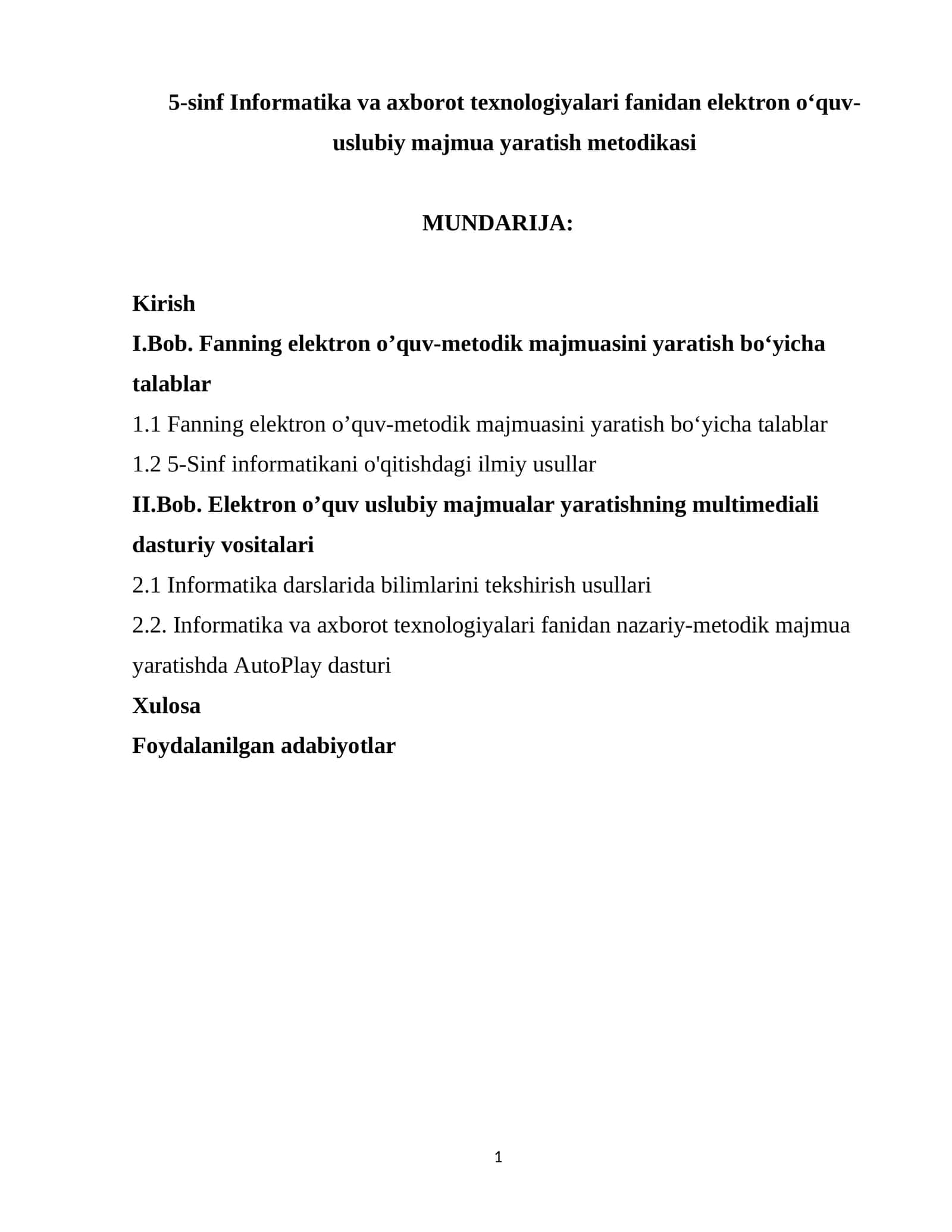 5-sinf Informatika va axborot texnologiyalari fanidan elektron o‘quv-uslubiy majmua yaratish metodikasi