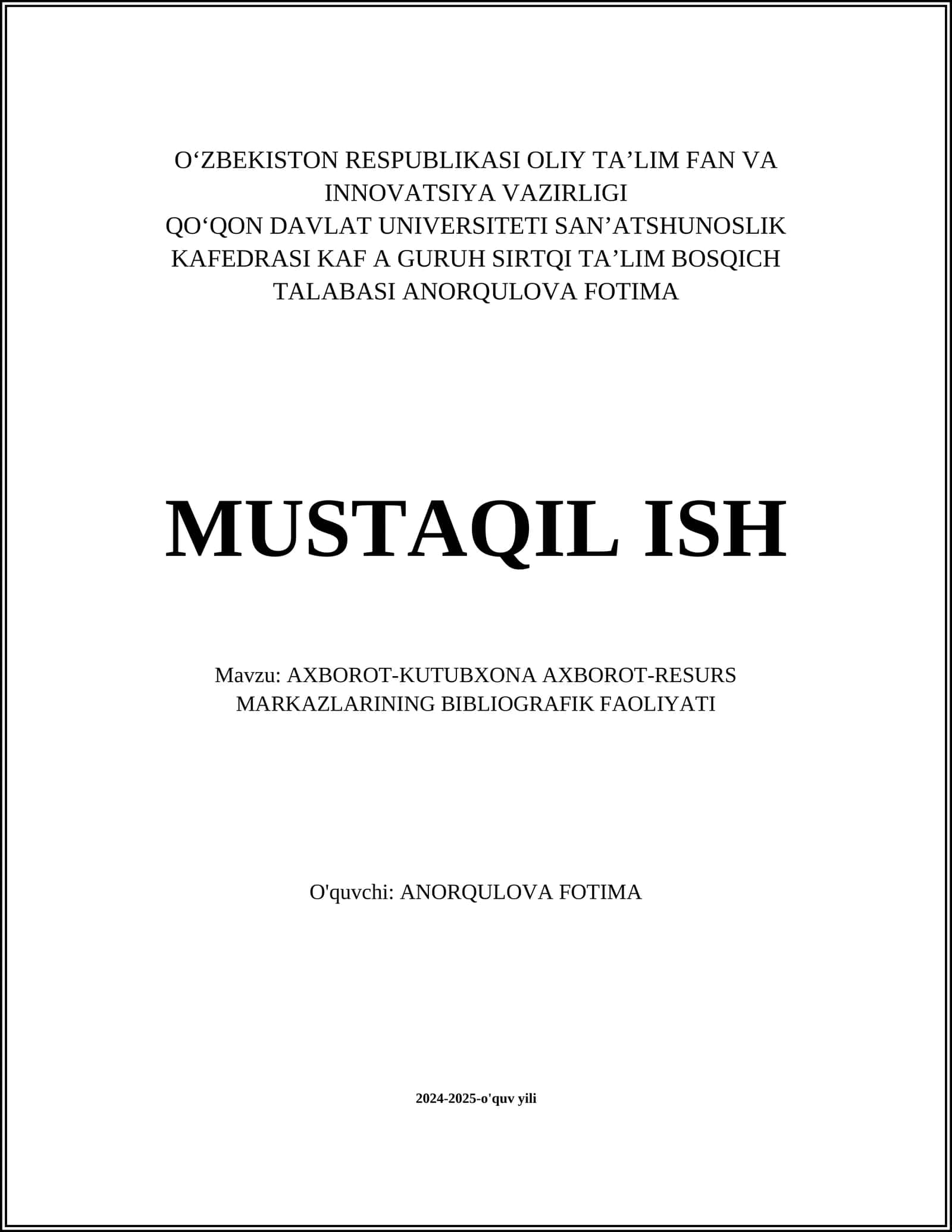 Axborot-kutubxona AXBOROT-RESURS MARKAZLARINING BIBLIOGRAFIK FAOLIYATI