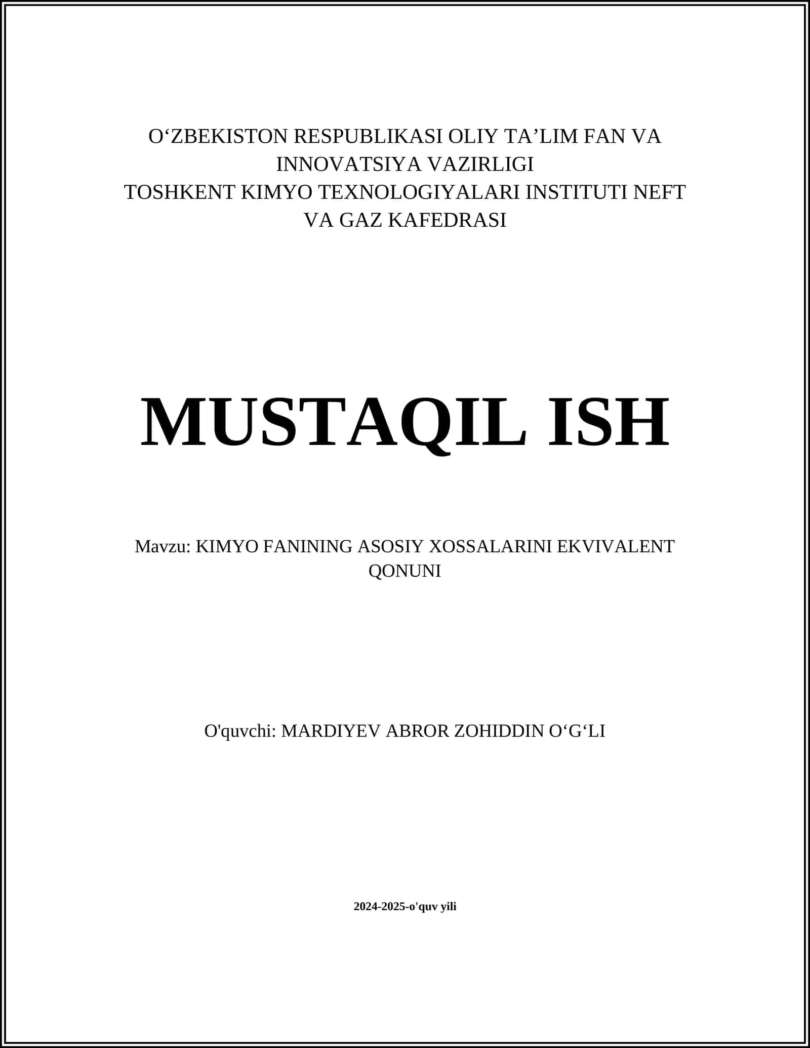KIMYO FANINING ASOSIY XOSSALARINI EKVIVALENT QONUNI