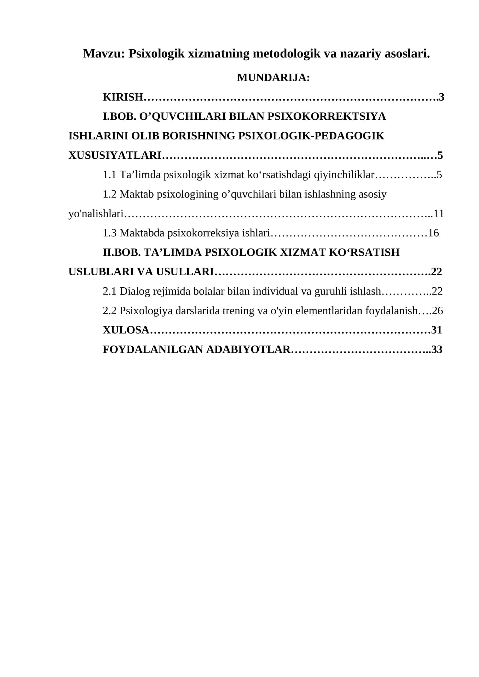 Psixologik xizmatning metodologik va nazariy asoslari