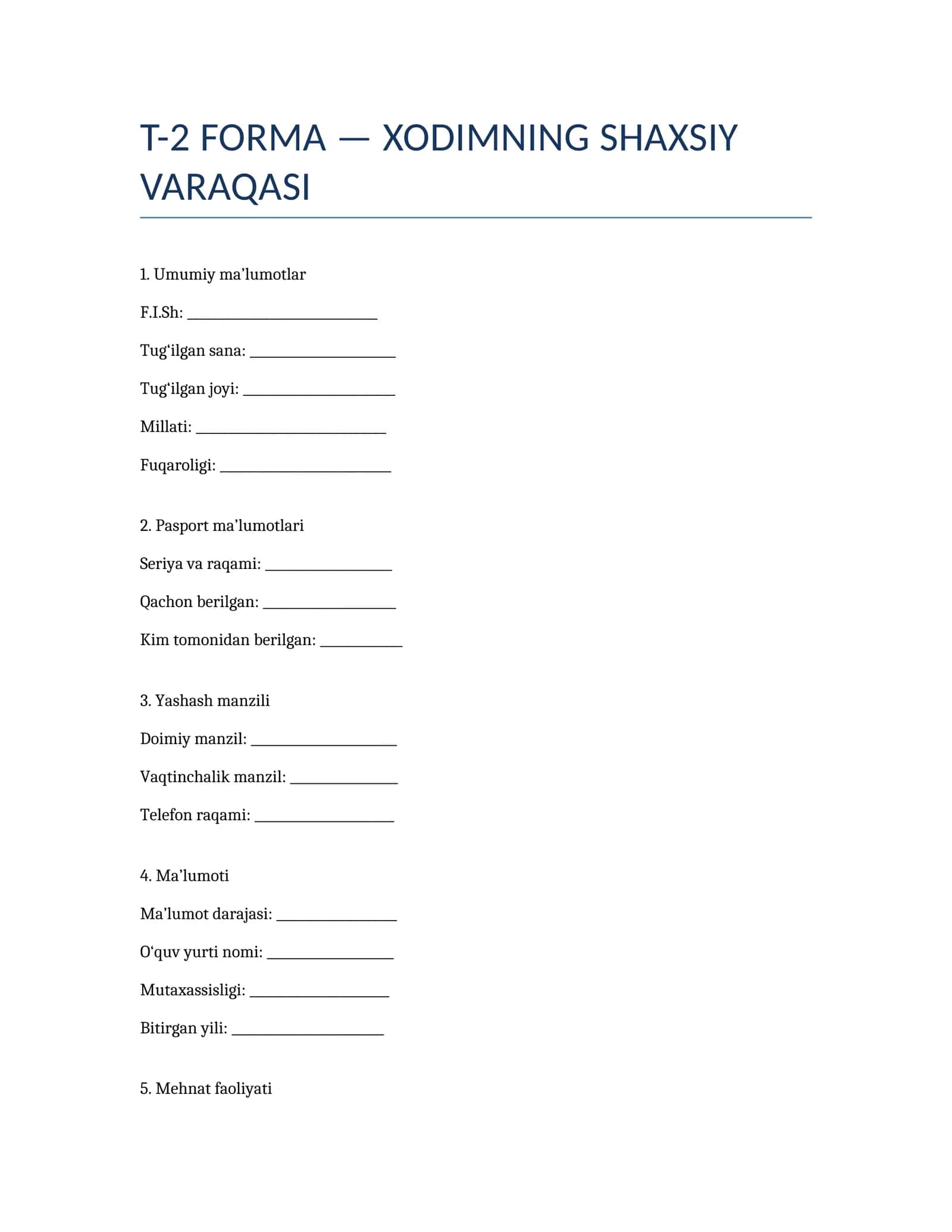 T-2 FORMA — XODIMNING SHAXSIY VARAQASI
