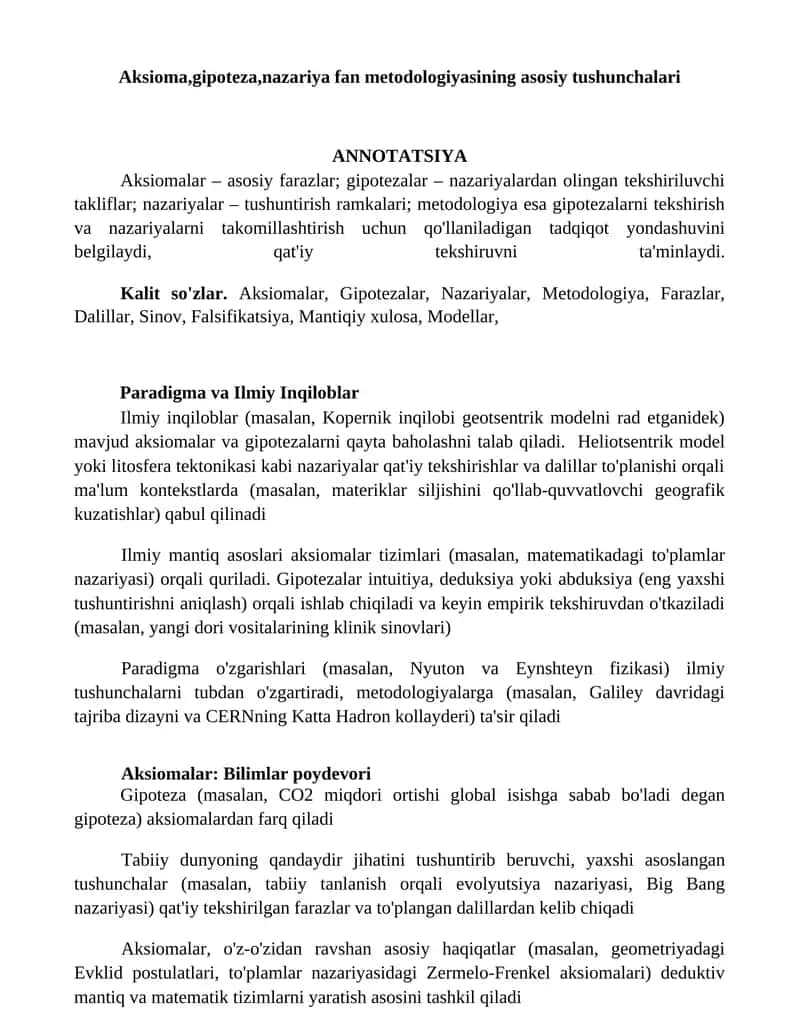 Aksioma, gipoteza, nazariya fan metodologiyasining asosiy tushunchalari