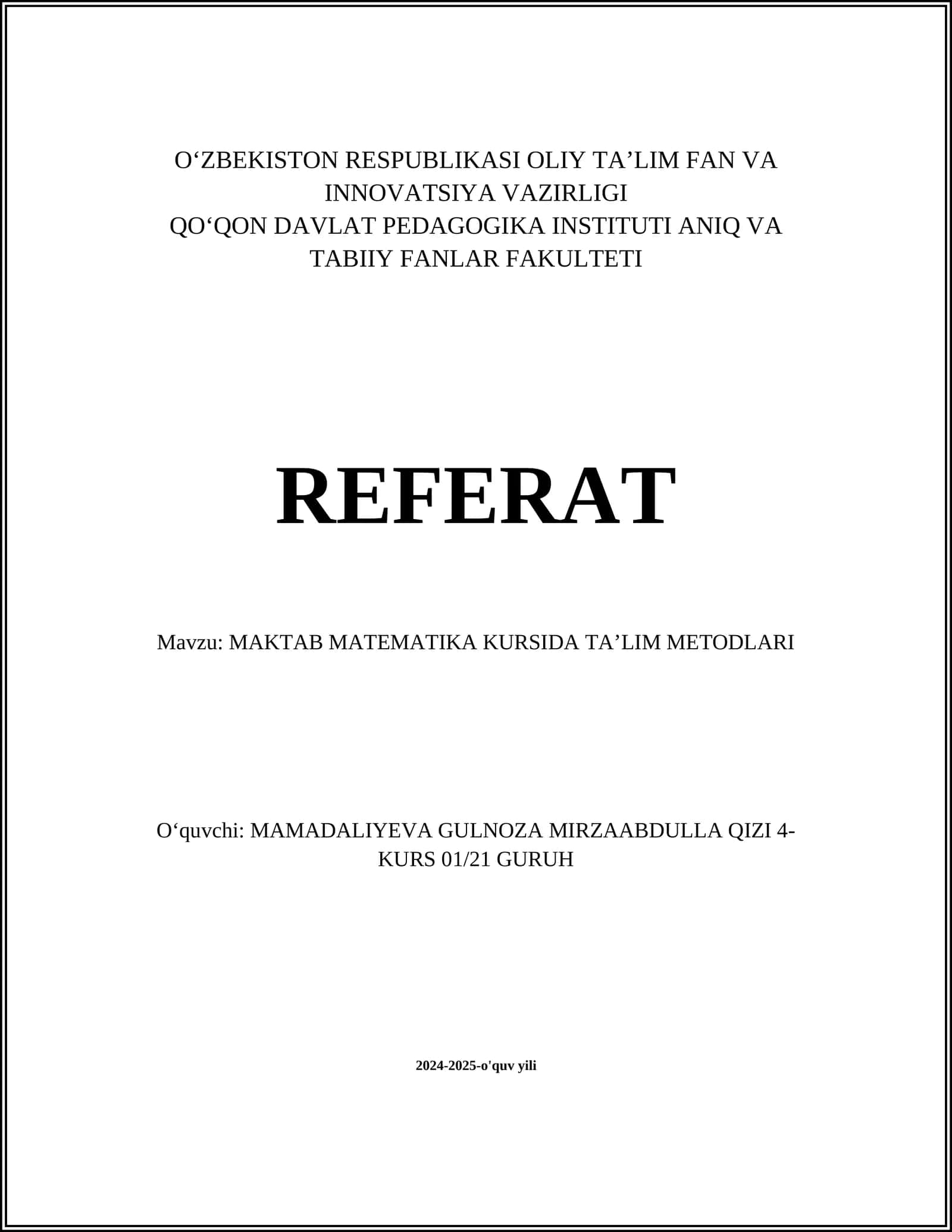 MAKTAB MATEMATIKA KURSIDA TA’LIM METODLARI