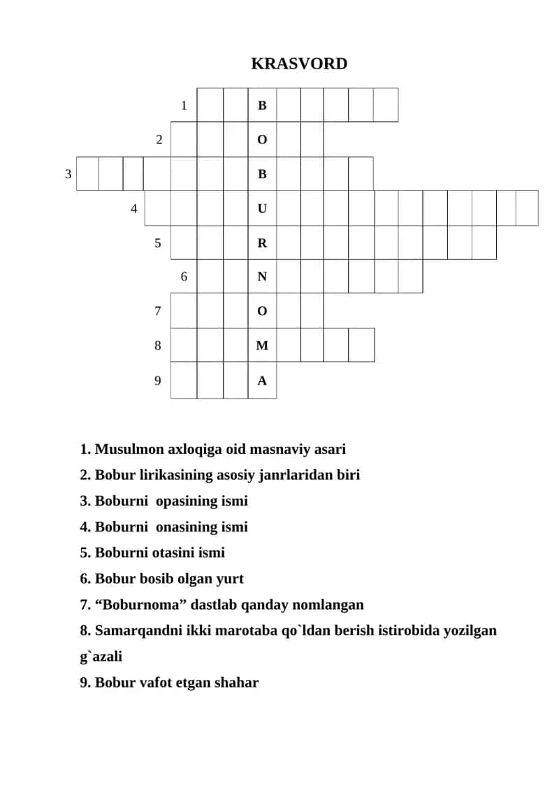 A.Navoiy va Z.M.Bobur hayoti va ijodiga oid Krassvord 1