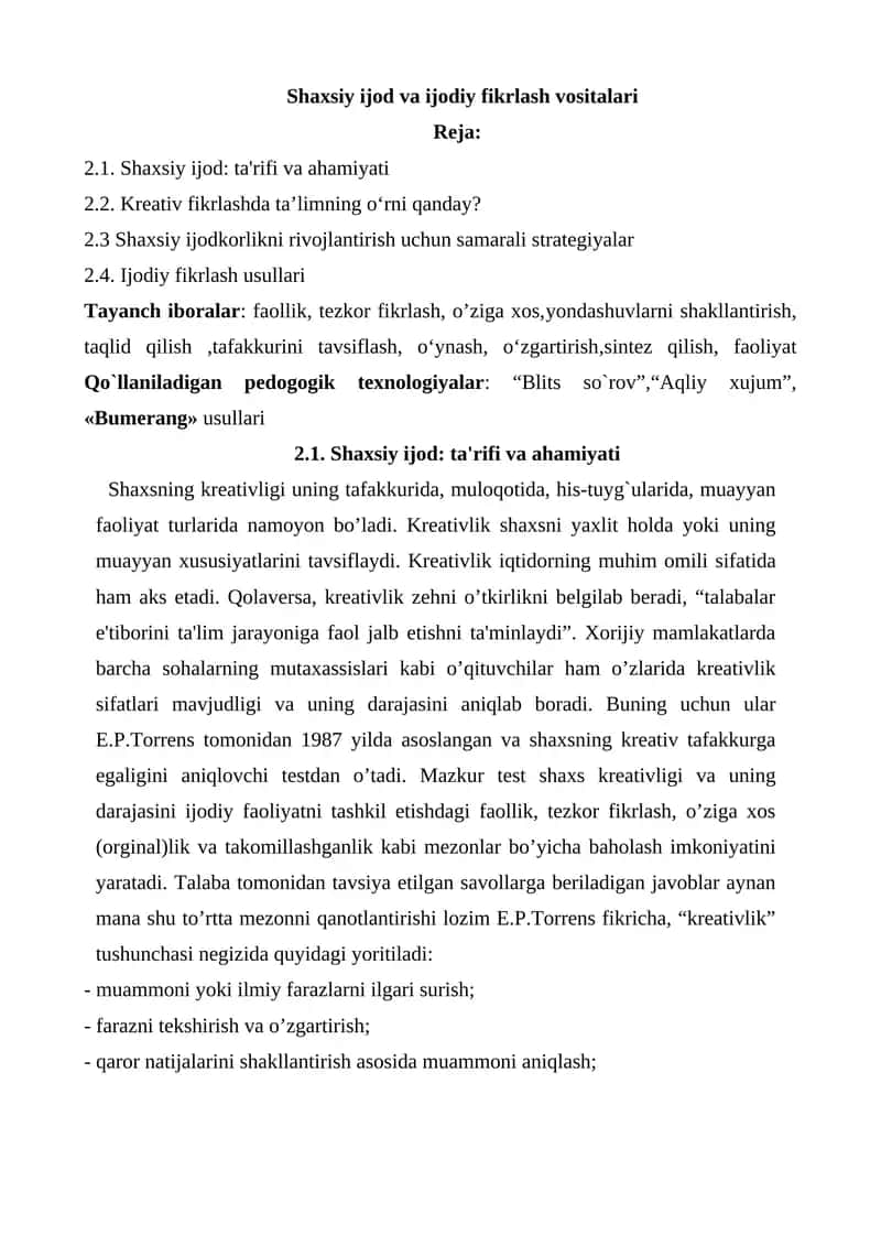 Shaxsiy ijod va ijodiy fikrlash vositalari