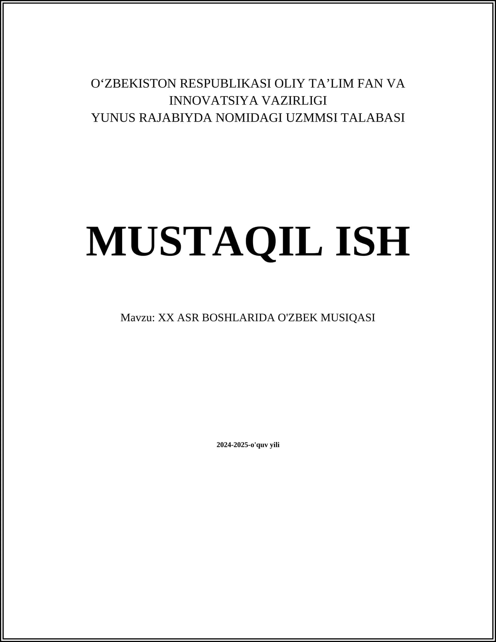 XX ASR BOSHLARIDA O'ZBEK MUSIQASI