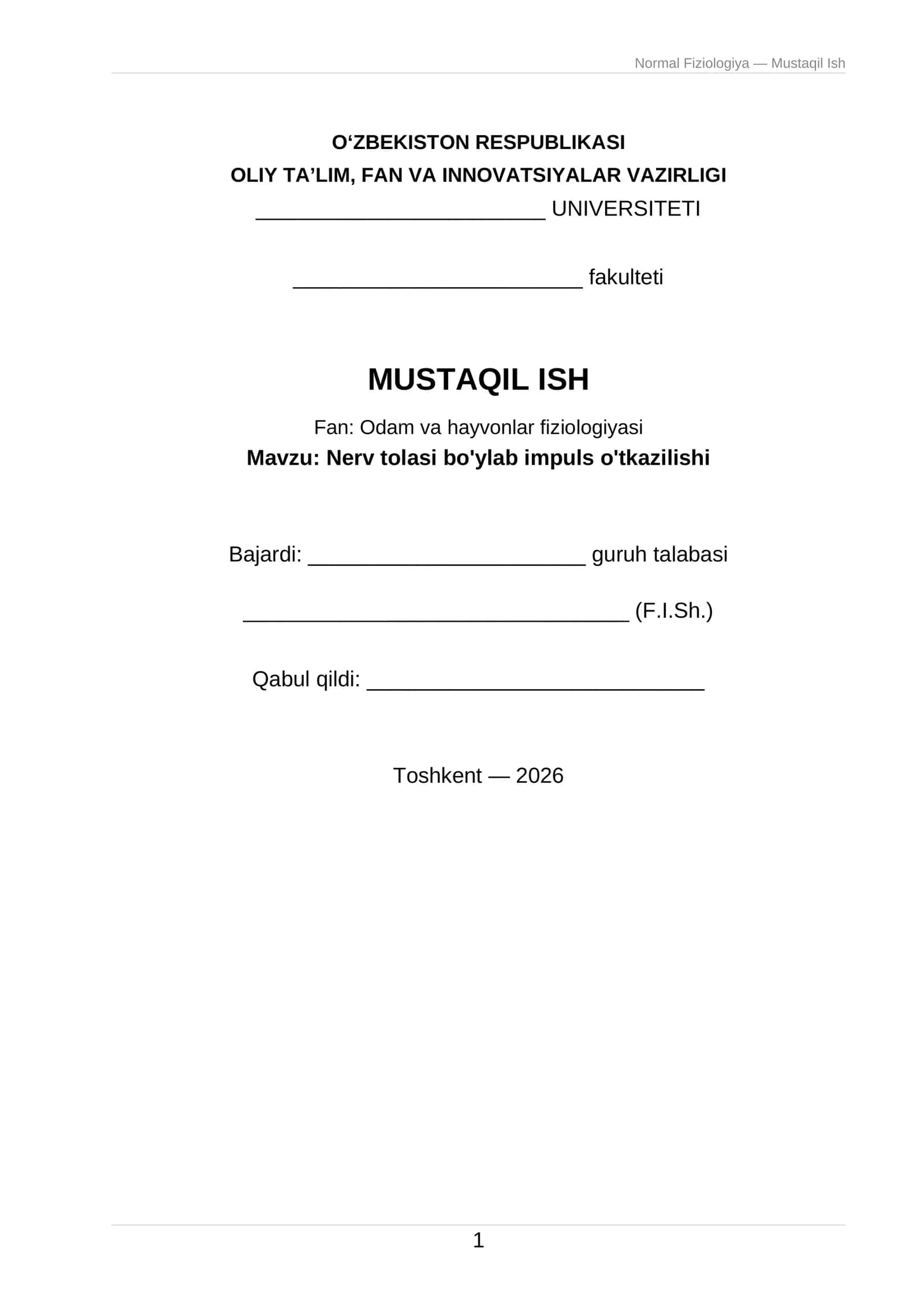 Normal Fiziologiya — Mustaqil Ish