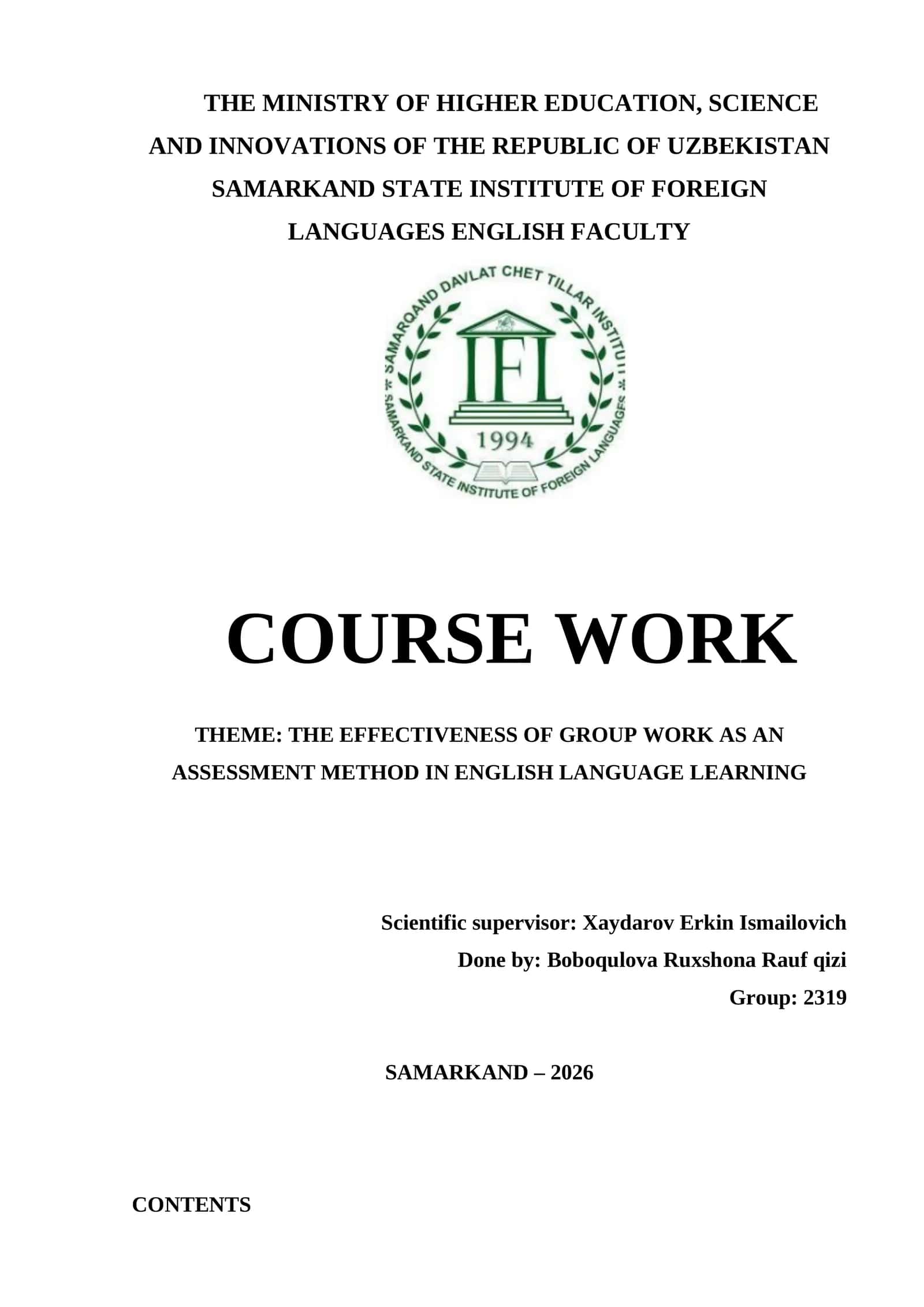 Mavzu: The effectiveness of group work as an assessment method in English language learning